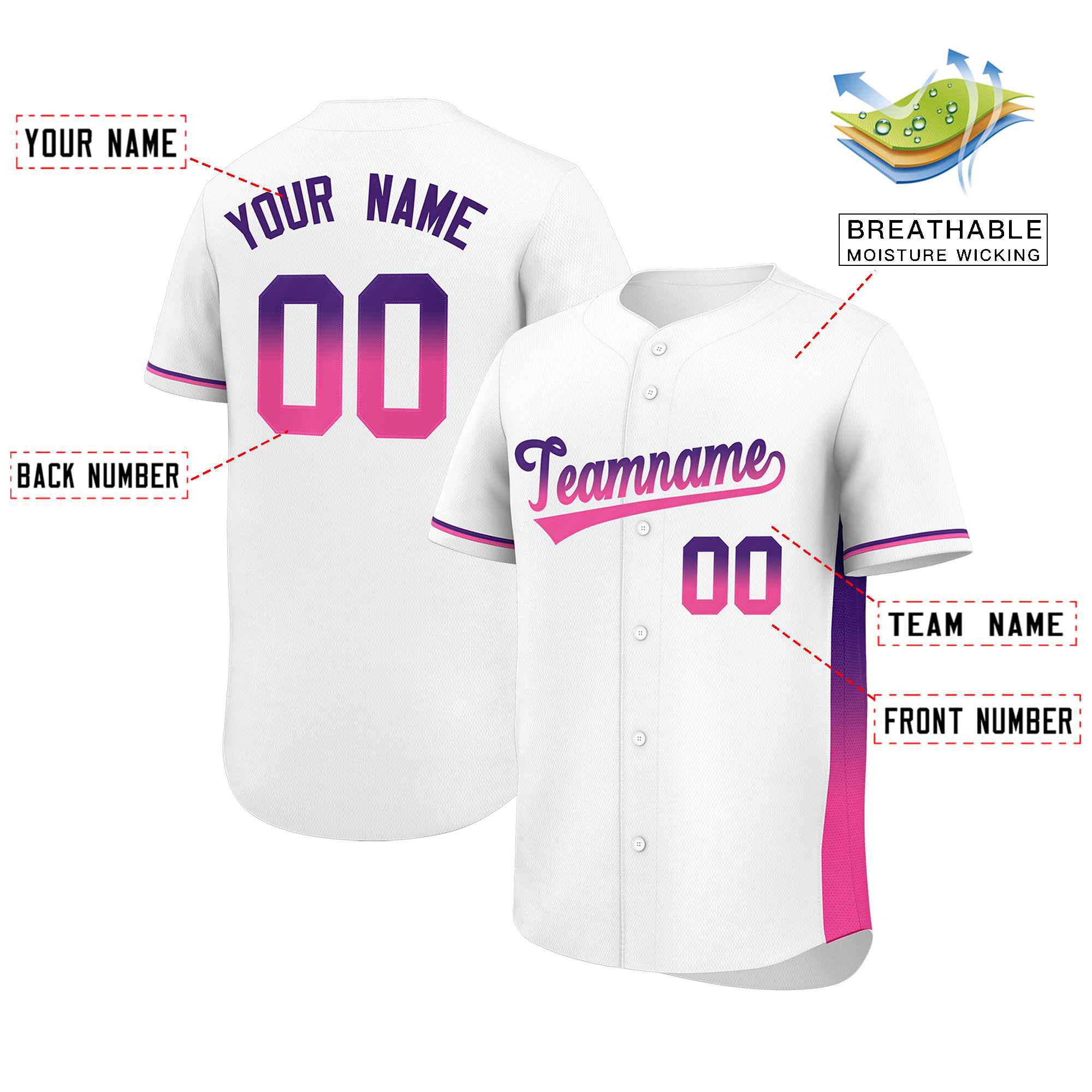 Custom White Purple-Pink Personalized Gradient Font And Side Design Authentic Baseball Jersey