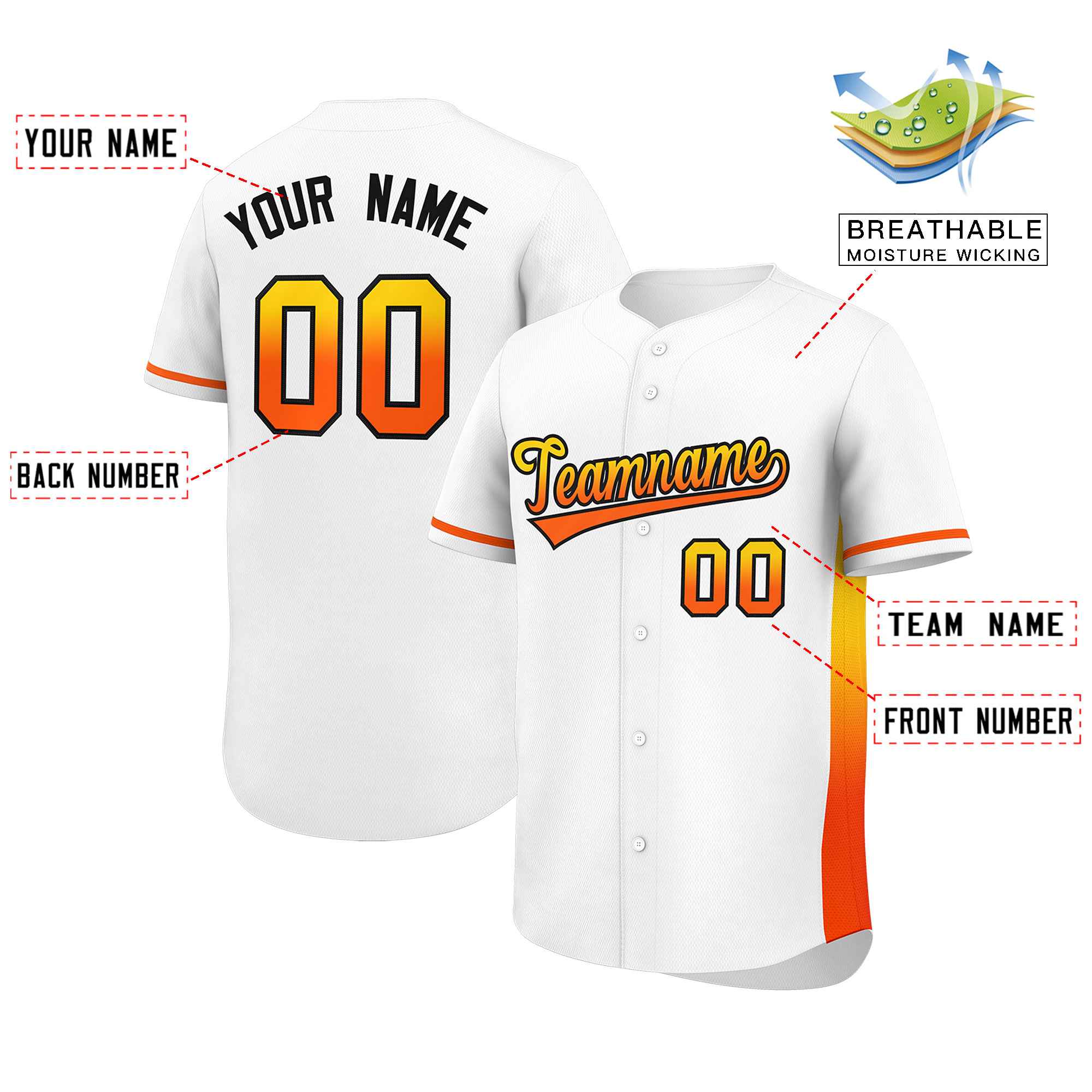 Custom White Gold-Orange Personalized Gradient Font And Side Design Authentic Baseball Jersey