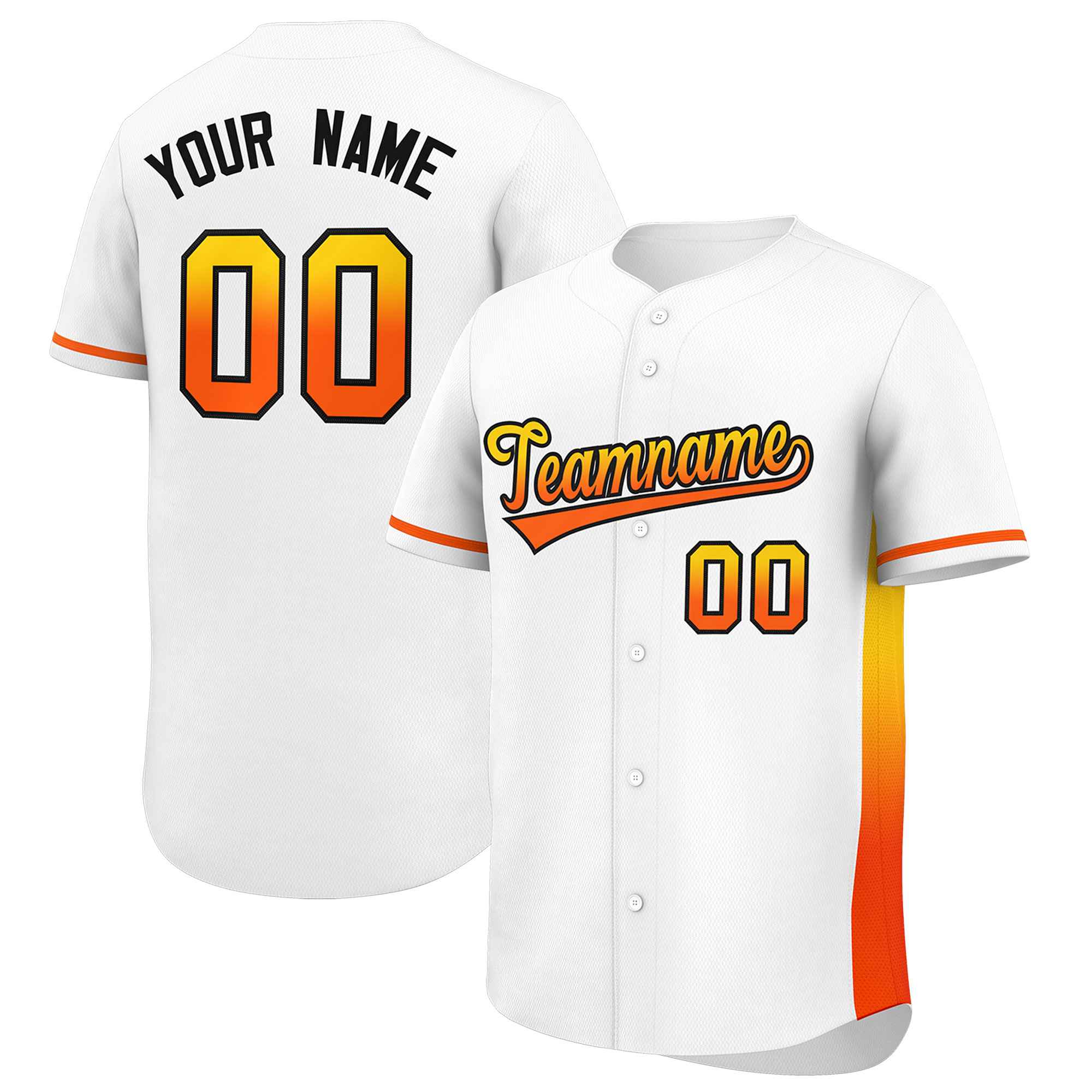 Custom White Gold-Orange Personalized Gradient Font And Side Design Authentic Baseball Jersey