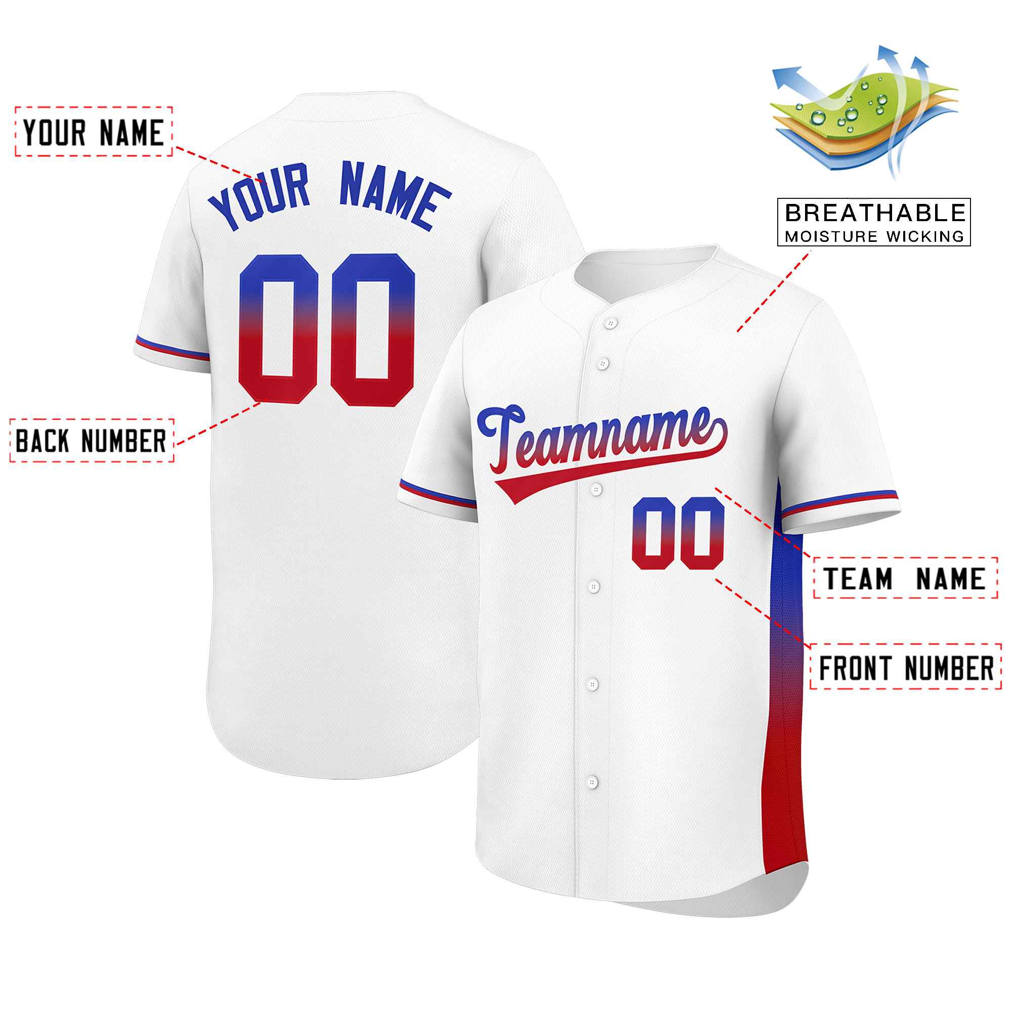 Custom White Royal-Red Personalized Gradient Font And Side Design Authentic Baseball Jersey