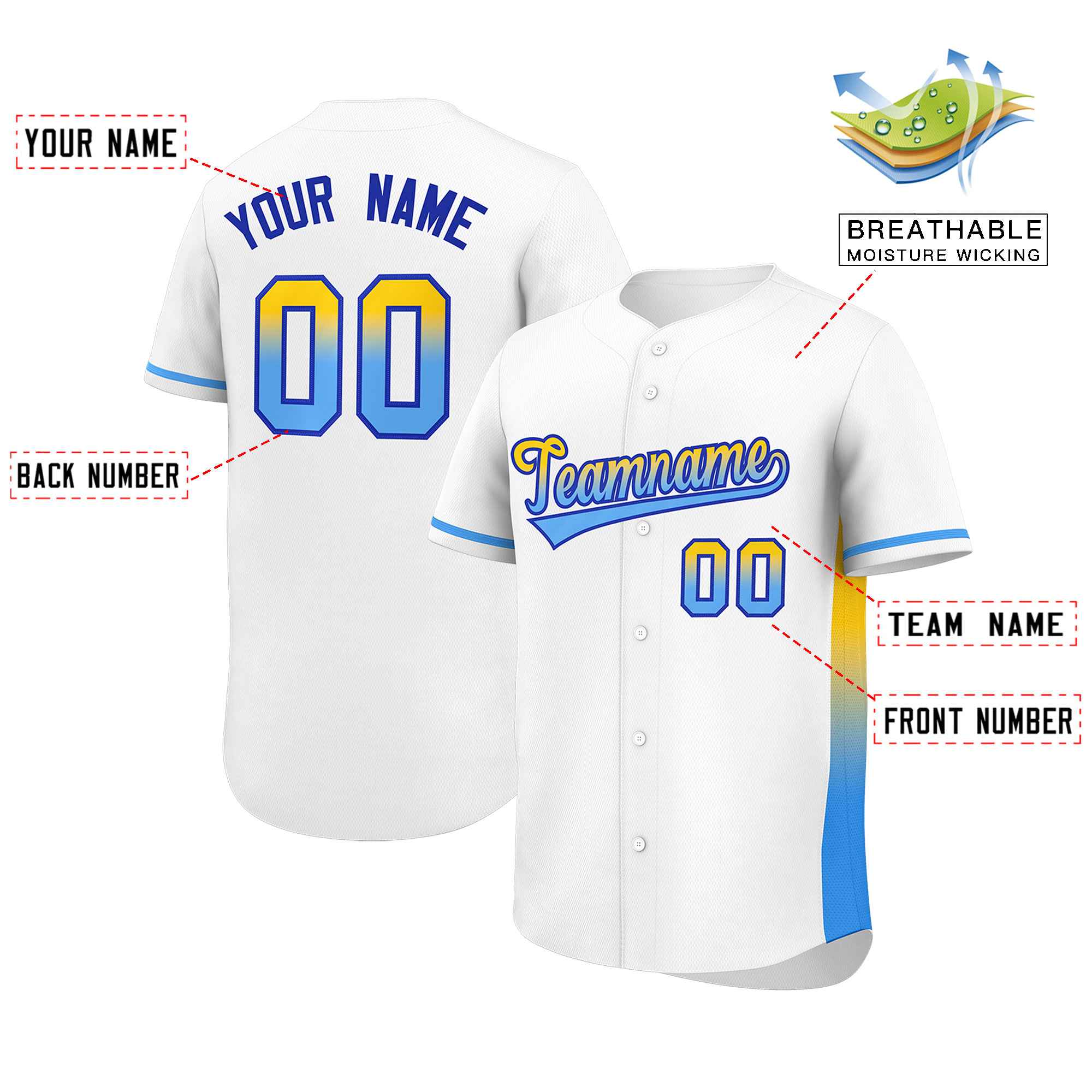 Custom White Gold-Powder Blue Personalized Gradient Font And Side Design Authentic Baseball Jersey