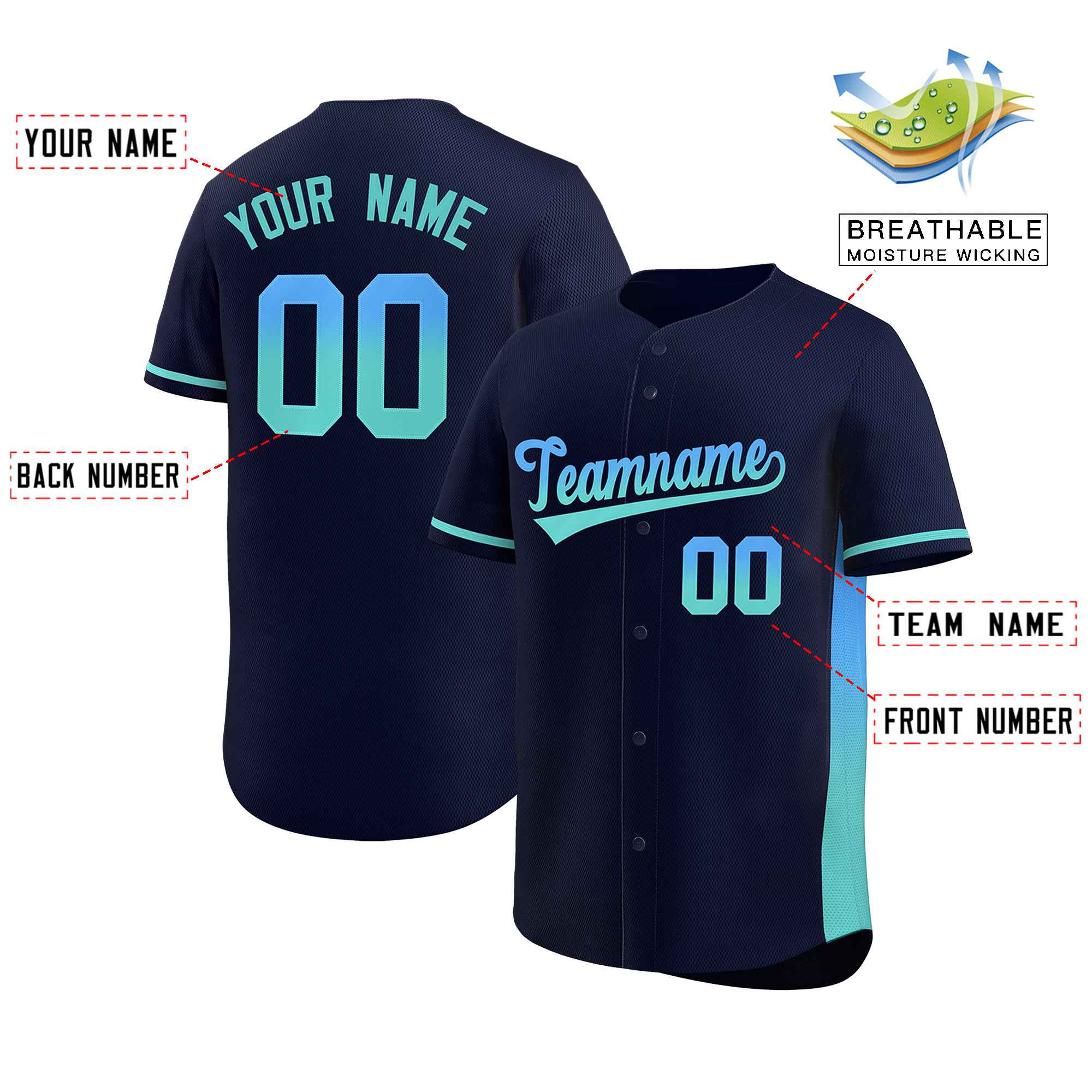 Custom Navy Powder Blue-Lt Green Personalized Gradient Font And Side Design Authentic Baseball Jersey