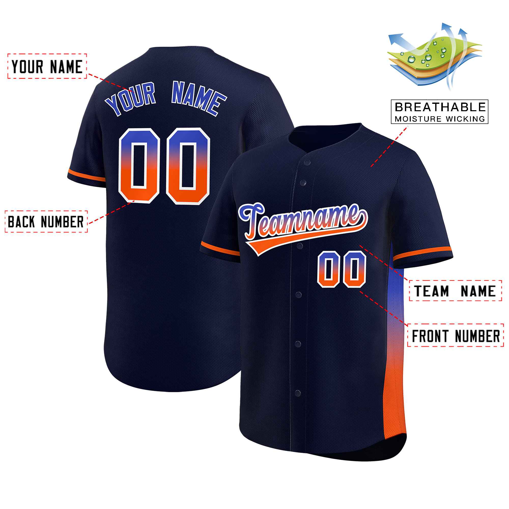 Custom Navy Royal-Orange Personalized Gradient Font And Side Design Authentic Baseball Jersey