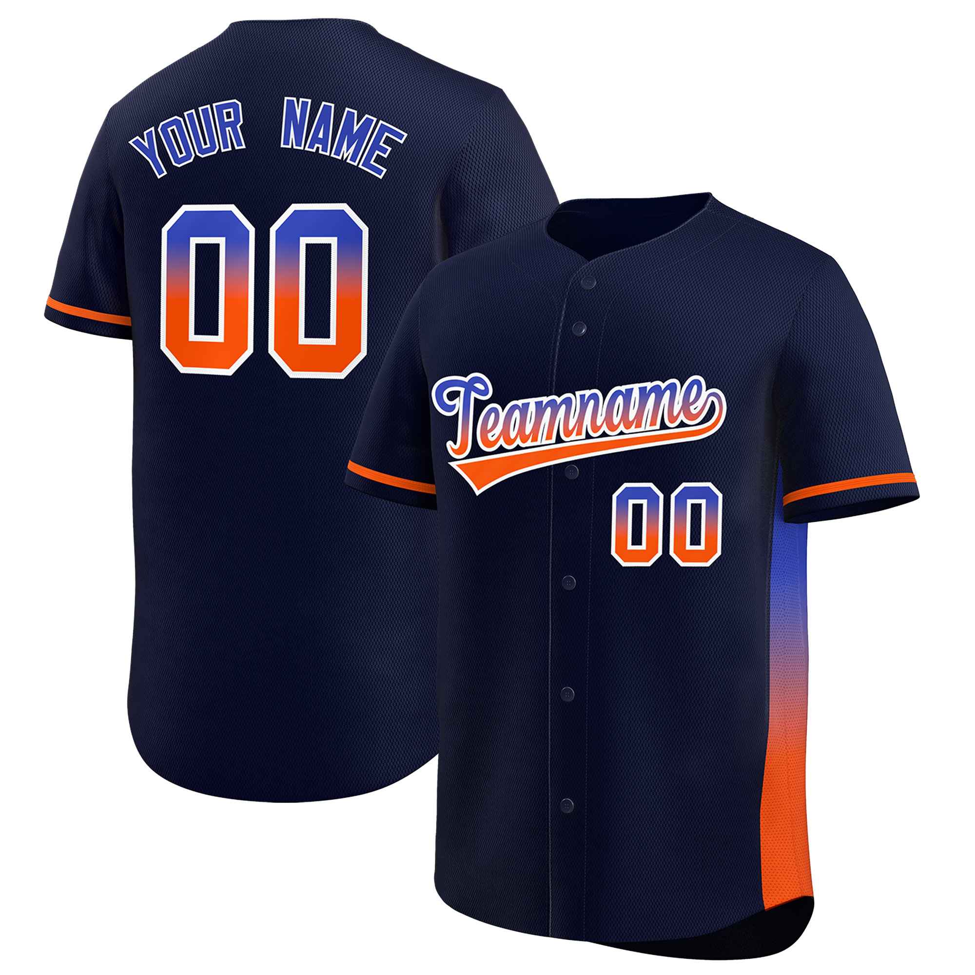 Custom Navy Royal-Orange Personalized Gradient Font And Side Design Authentic Baseball Jersey