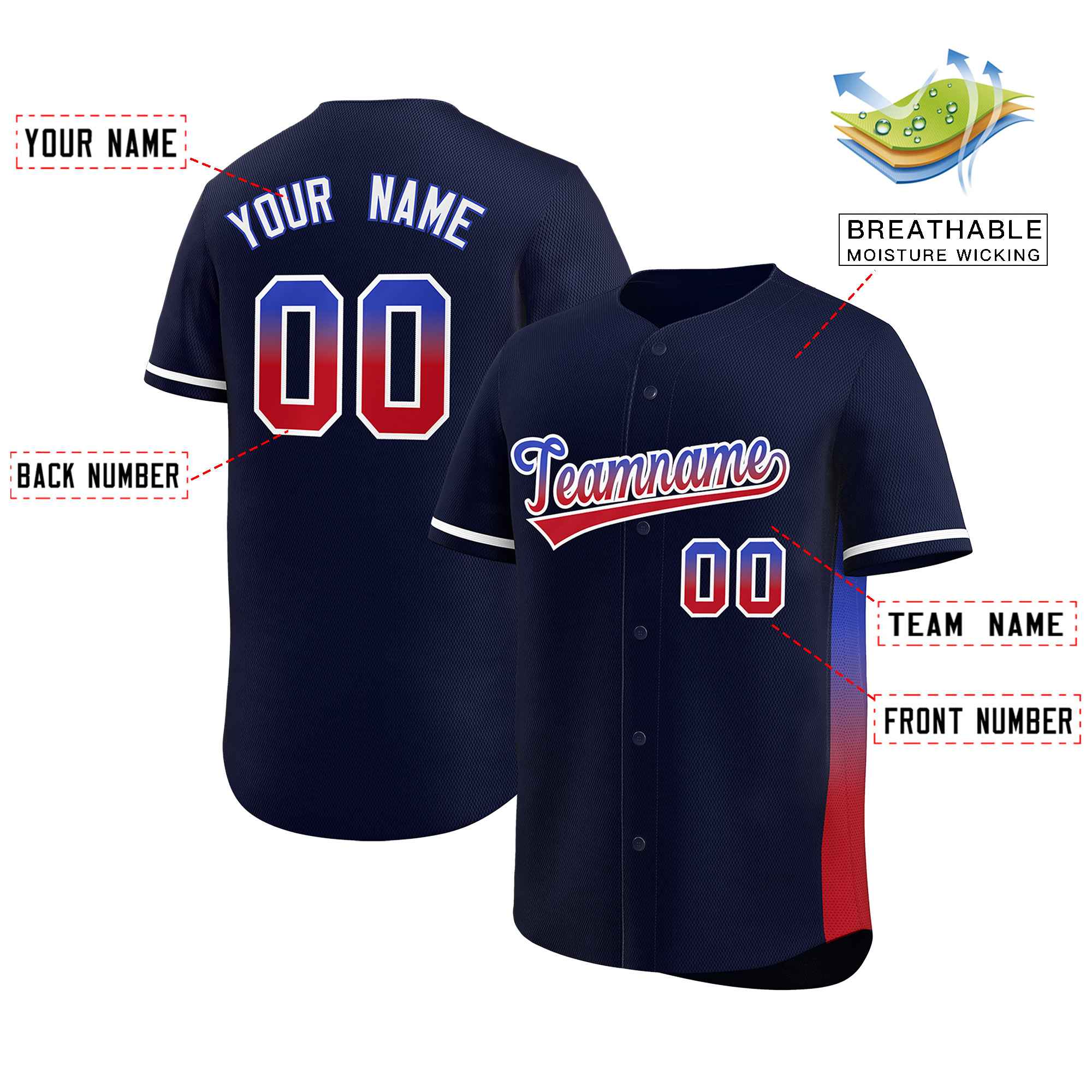 Custom Navy Royal-Red Personalized Gradient Font And Side Design Authentic Baseball Jersey