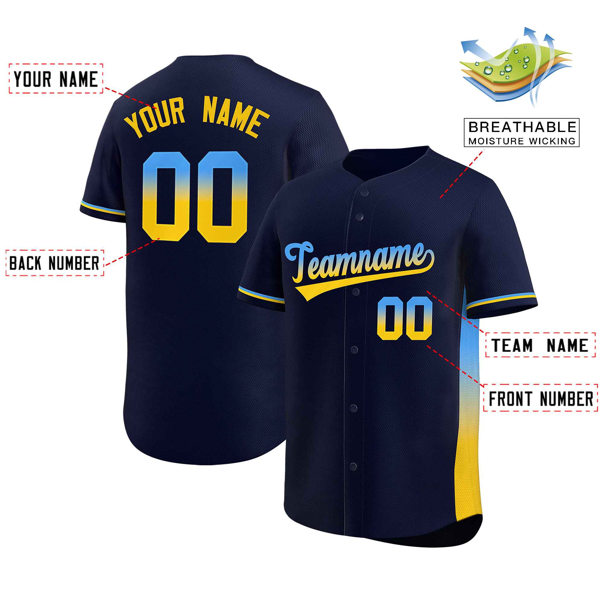 Custom Navy Powder Blue-Gold Personalized Gradient Font And Side Design Authentic Baseball Jersey