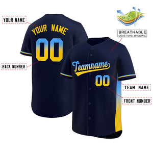 Custom Navy Powder Blue-Gold Personalized Gradient Font And Side Design Authentic Baseball Jersey