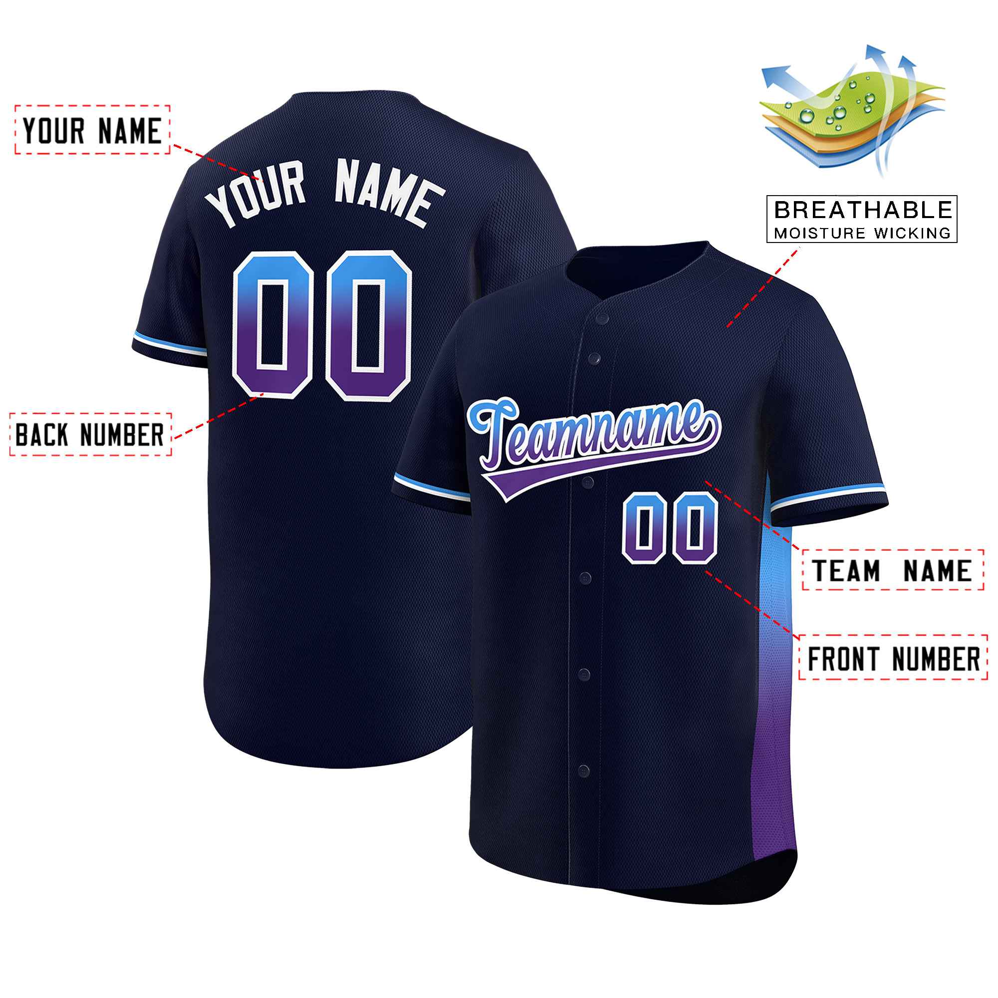 Custom Navy Powder Blue-Purple Personalized Gradient Font And Side Design Authentic Baseball Jersey