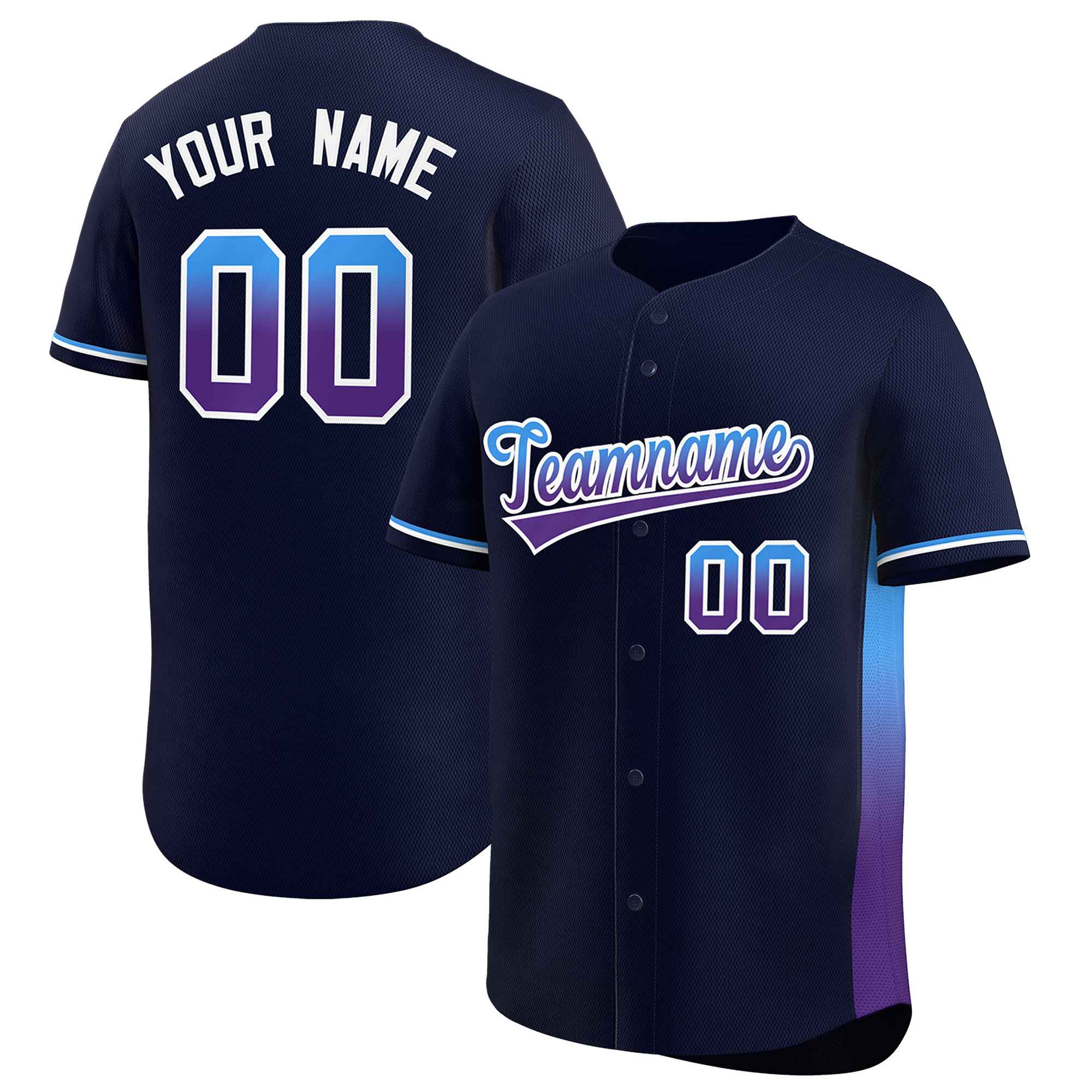 Custom Navy Powder Blue-Purple Personalized Gradient Font And Side Design Authentic Baseball Jersey