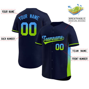 Custom Navy Powder Blue-Neon Green Personalized Gradient Font And Side Design Authentic Baseball Jersey