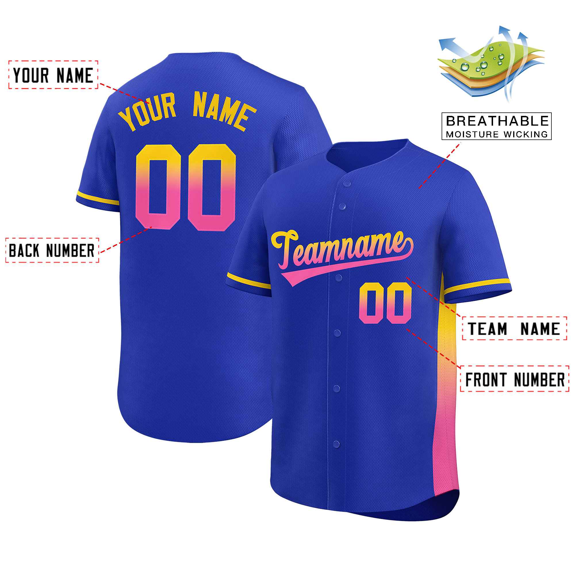 Custom Royal Gold-Pink Personalized Gradient Font And Side Design Authentic Baseball Jersey