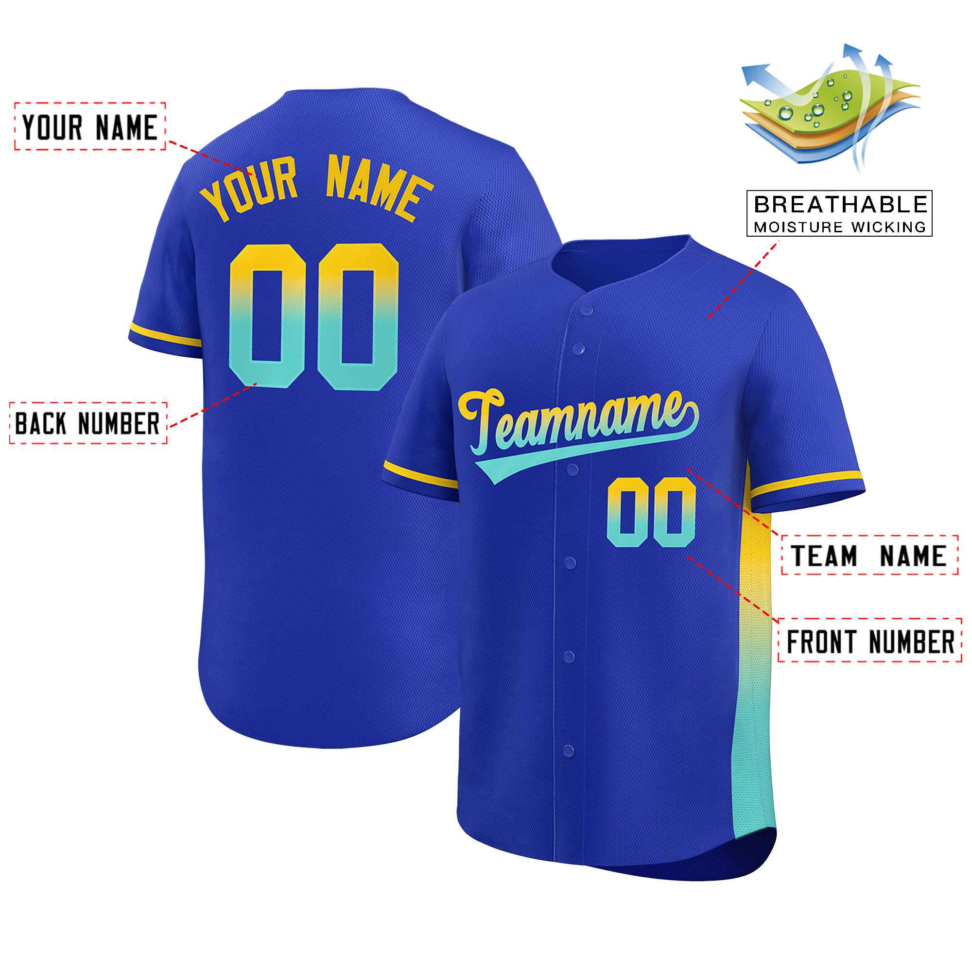 Custom Royal Gold-Lt Green Personalized Gradient Font And Side Design Authentic Baseball Jersey