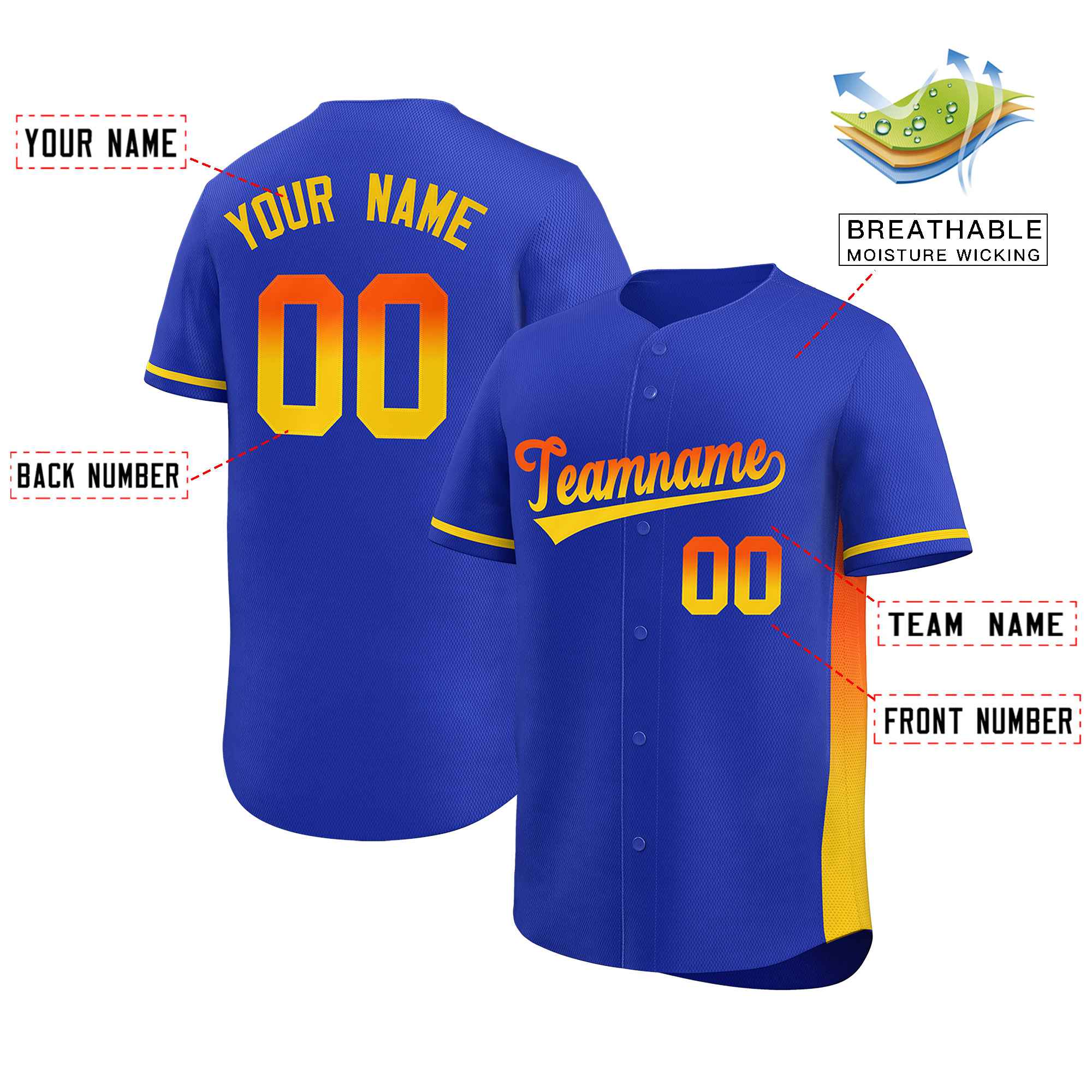 Custom Royal Orange-Gold Personalized Gradient Font And Side Design Authentic Baseball Jersey