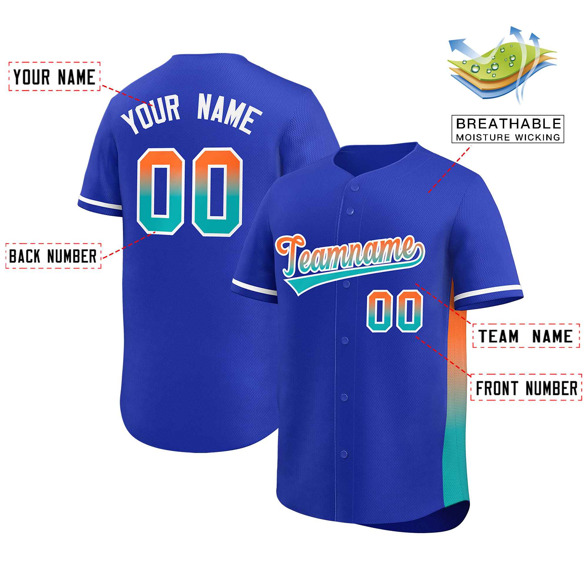 Custom Royal Orange-Aqua Personalized Gradient Font And Side Design Authentic Baseball Jersey