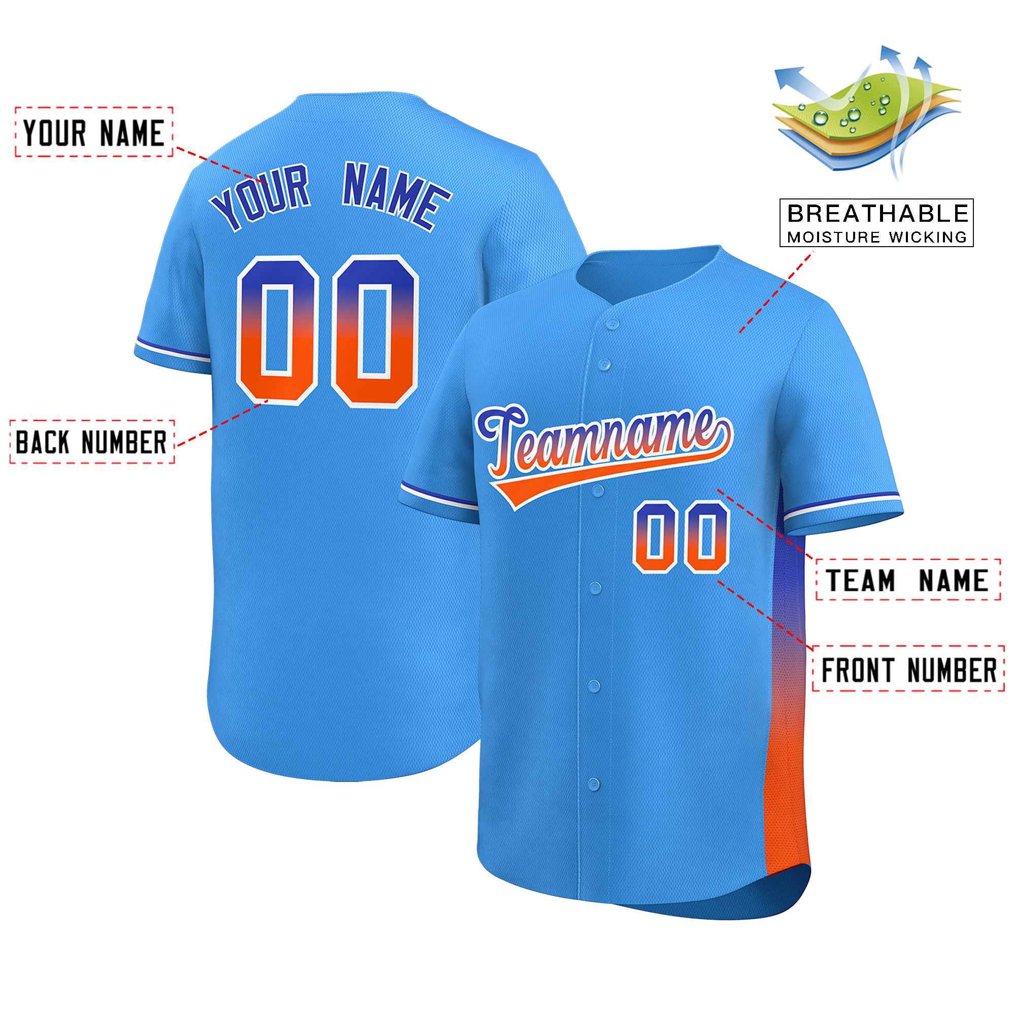 Custom Powder Blue Royal-Orange Personalized Gradient Font And Side Design Authentic Baseball Jersey