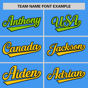 Custom Powder Blue Neon Green-Gold Personalized Gradient Font And Side Design Authentic Baseball Jersey