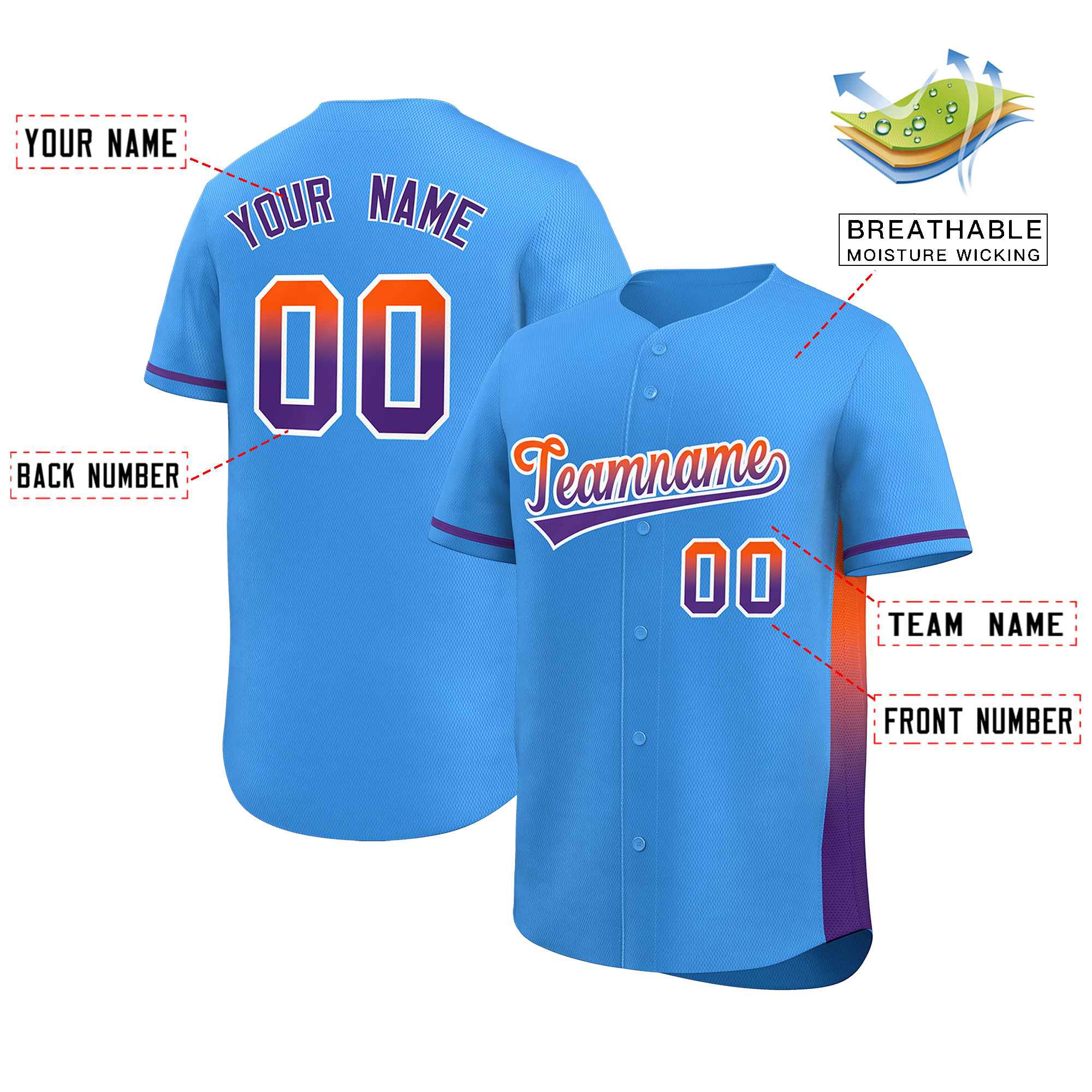 Custom Powder Blue Orange-Purple Personalized Gradient Font And Side Design Authentic Baseball Jersey