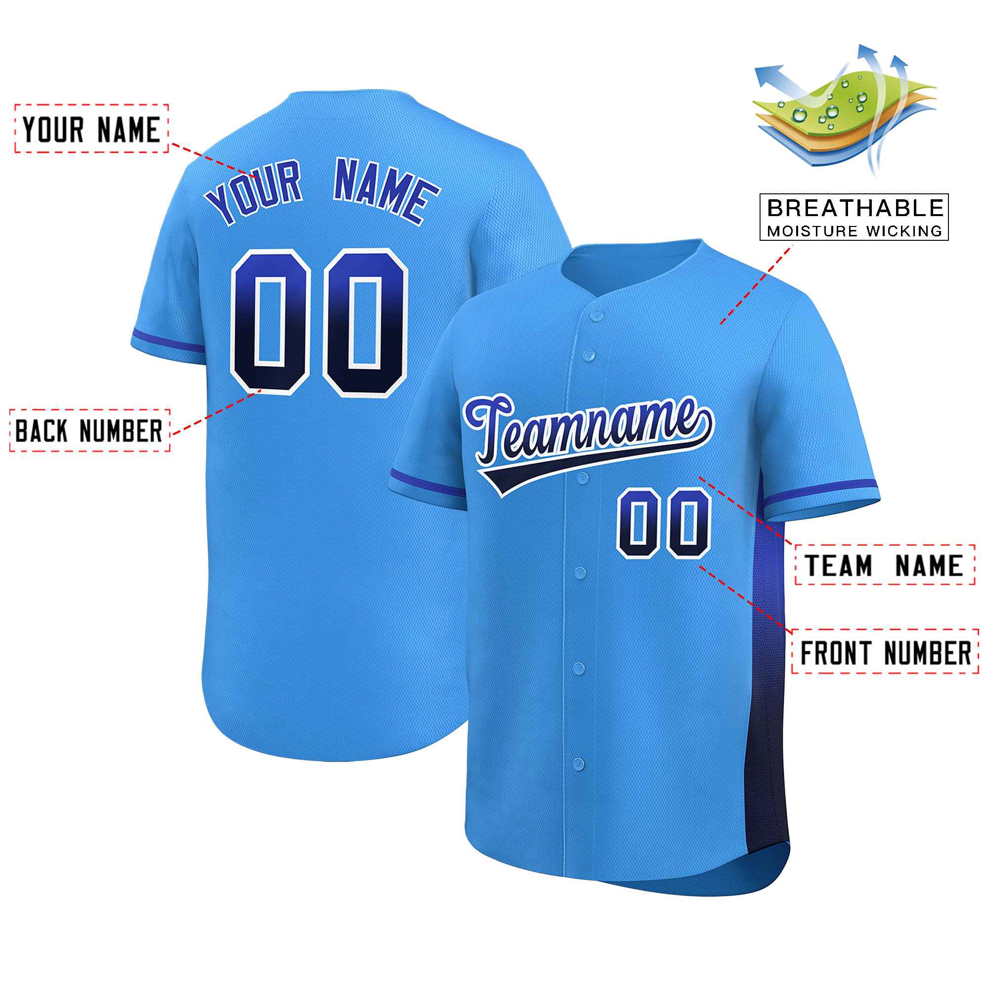 Custom Powder Blue Royal-Navy Personalized Gradient Font And Side Design Authentic Baseball Jersey