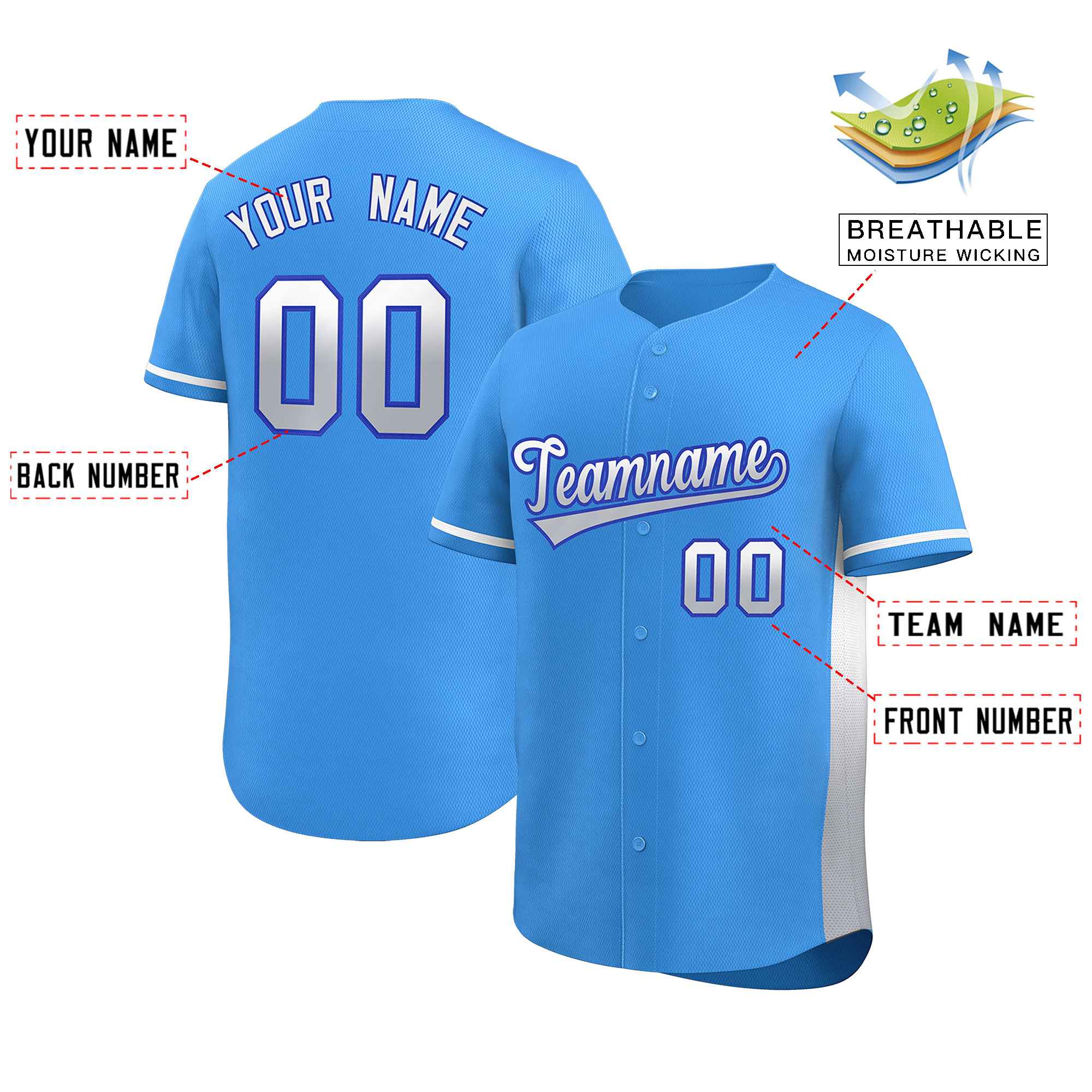 Custom Powder Blue White-Lt Gray Personalized Gradient Font And Side Design Authentic Baseball Jersey