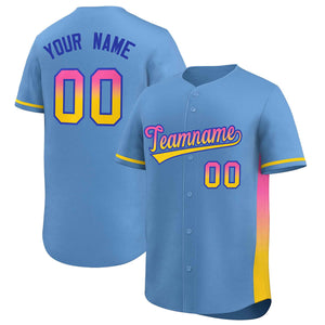 Custom Light Blue Pink-Gold Personalized Gradient Font And Side Design Authentic Baseball Jersey