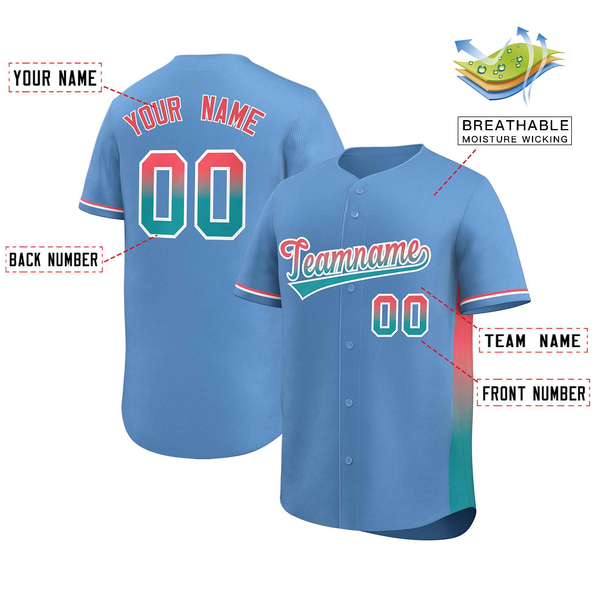 Custom Light Blue Light Red-Aqua Personalized Gradient Font And Side Design Authentic Baseball Jersey