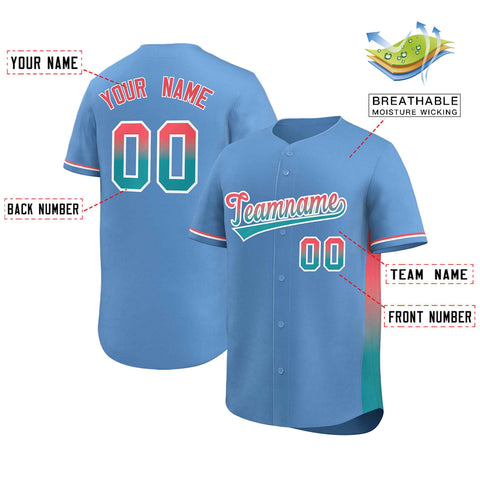 Custom Light Blue Light Red-Aqua Personalized Gradient Font And Side Design Authentic Baseball Jersey