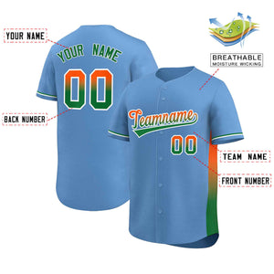 Custom Light Blue Orange-Kelly Green Personalized Gradient Font And Side Design Authentic Baseball Jersey