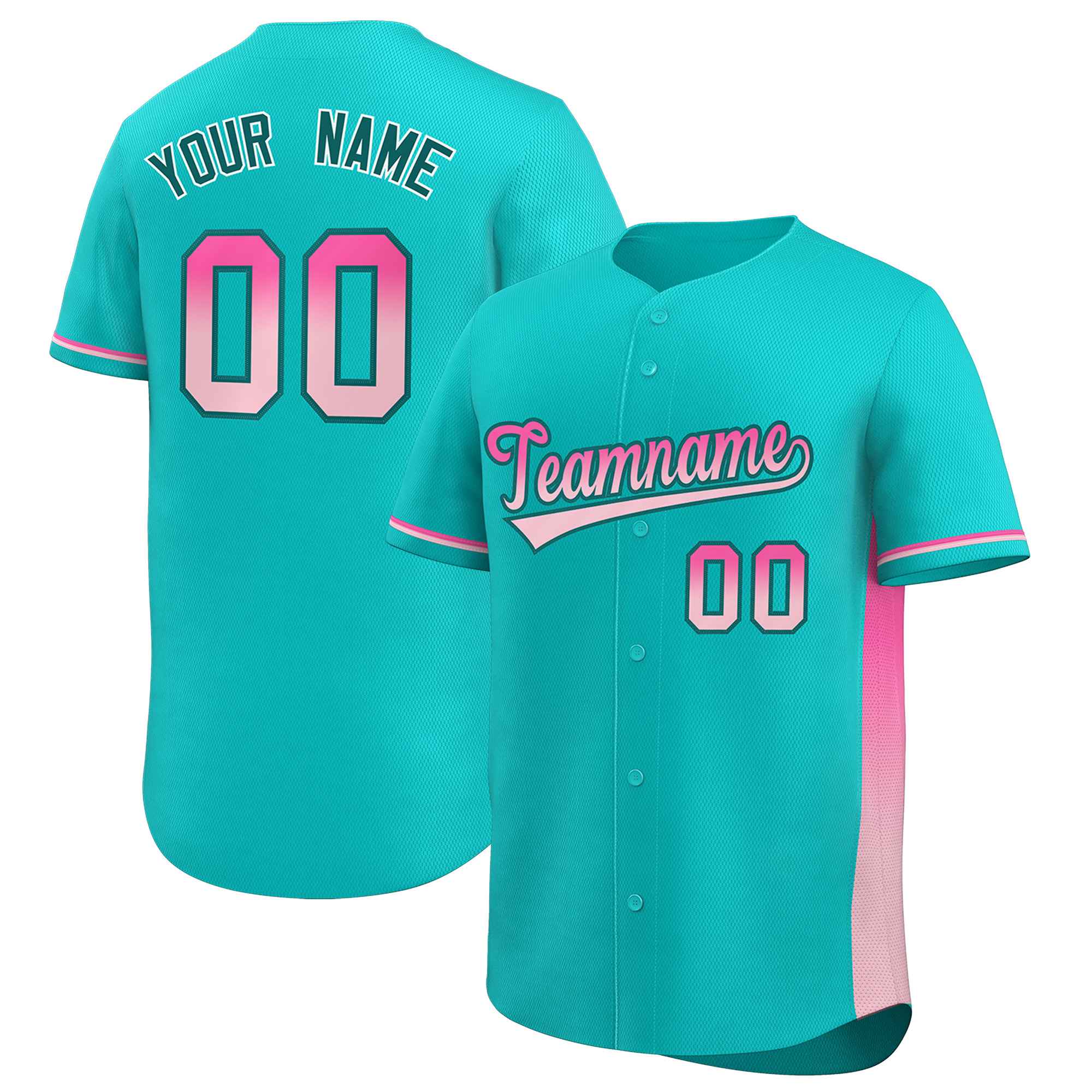 Custom Aqua Pink-Lt Pink Personalized Gradient Font And Side Design Authentic Baseball Jersey