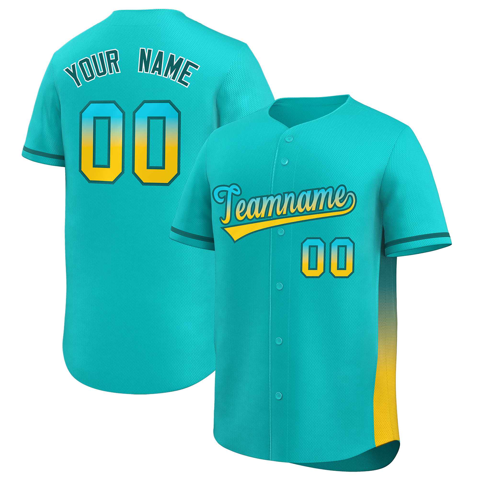 Custom Aqua Aqua-Gold Personalized Gradient Font And Side Design Authentic Baseball Jersey