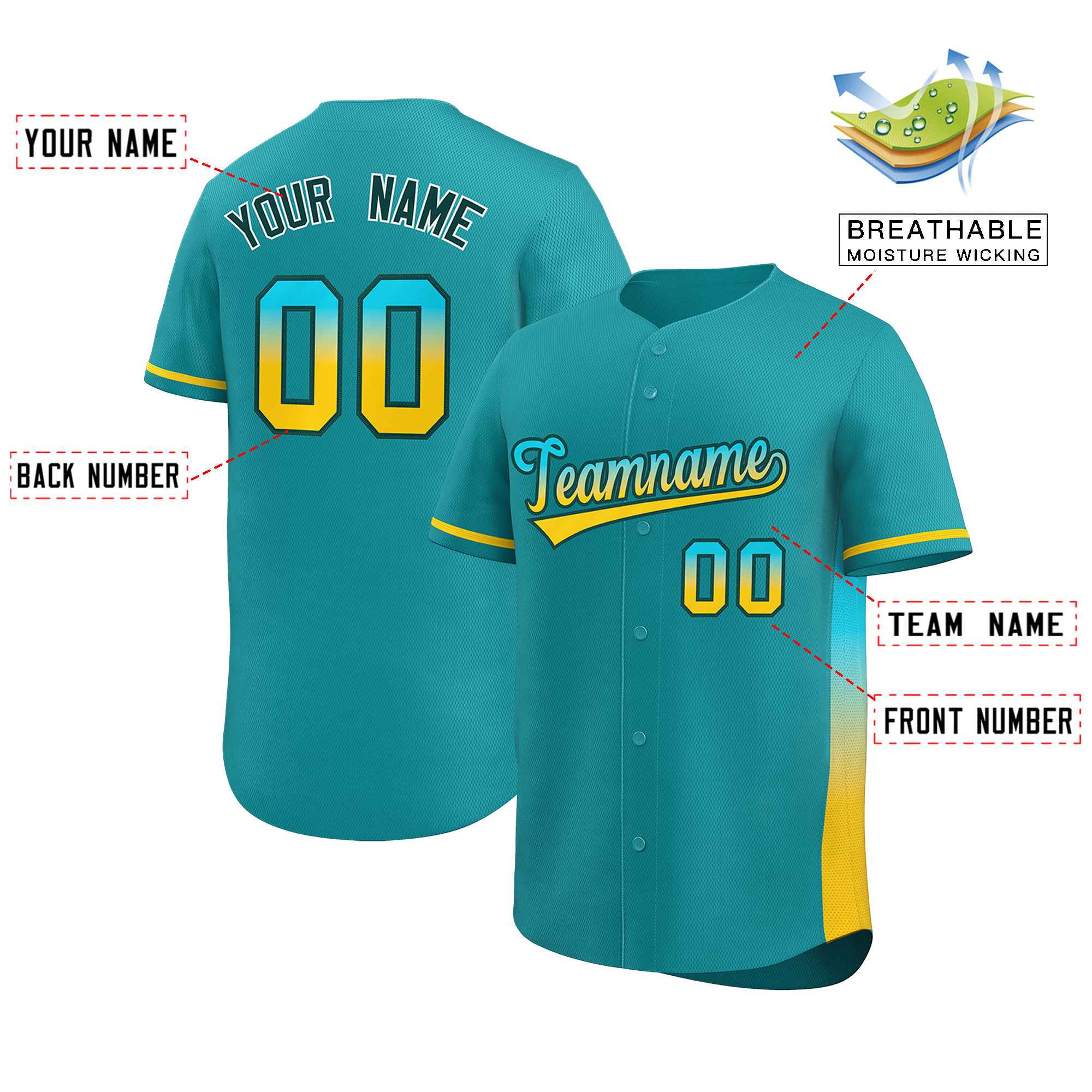 Custom Aqua Sky Blue-Gold Personalized Gradient Font And Side Design Authentic Baseball Jersey