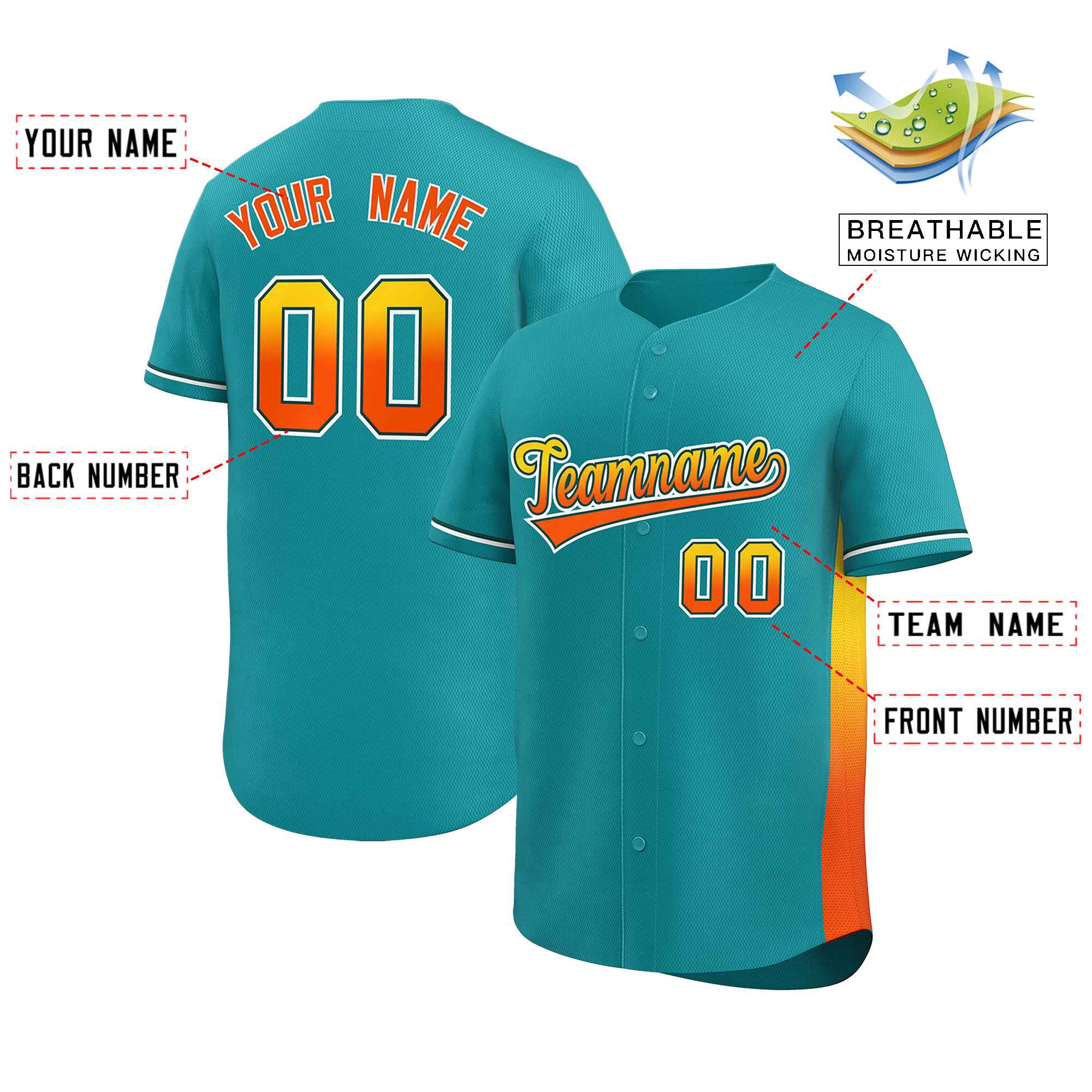 Custom Aqua Gold-Orange Personalized Gradient Font And Side Design Authentic Baseball Jersey