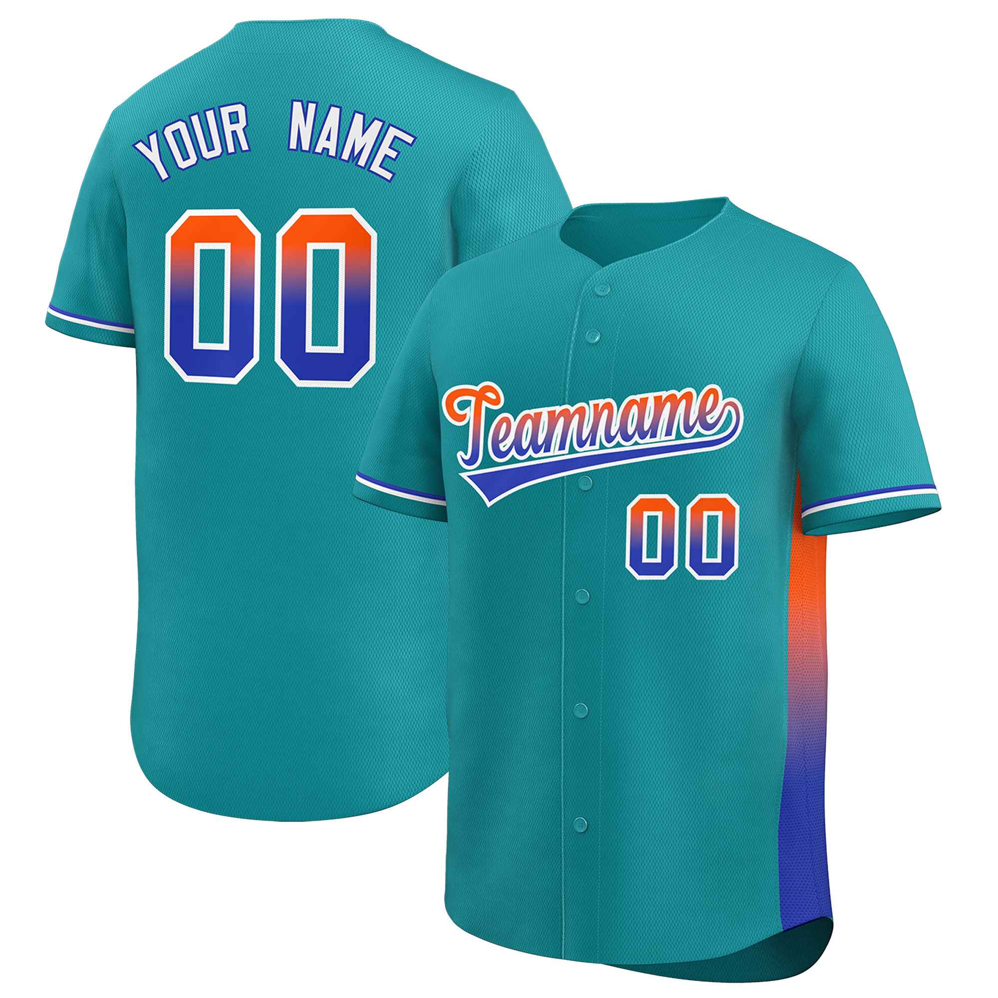 Custom Aqua Orange-Royal Personalized Gradient Font And Side Design Authentic Baseball Jersey