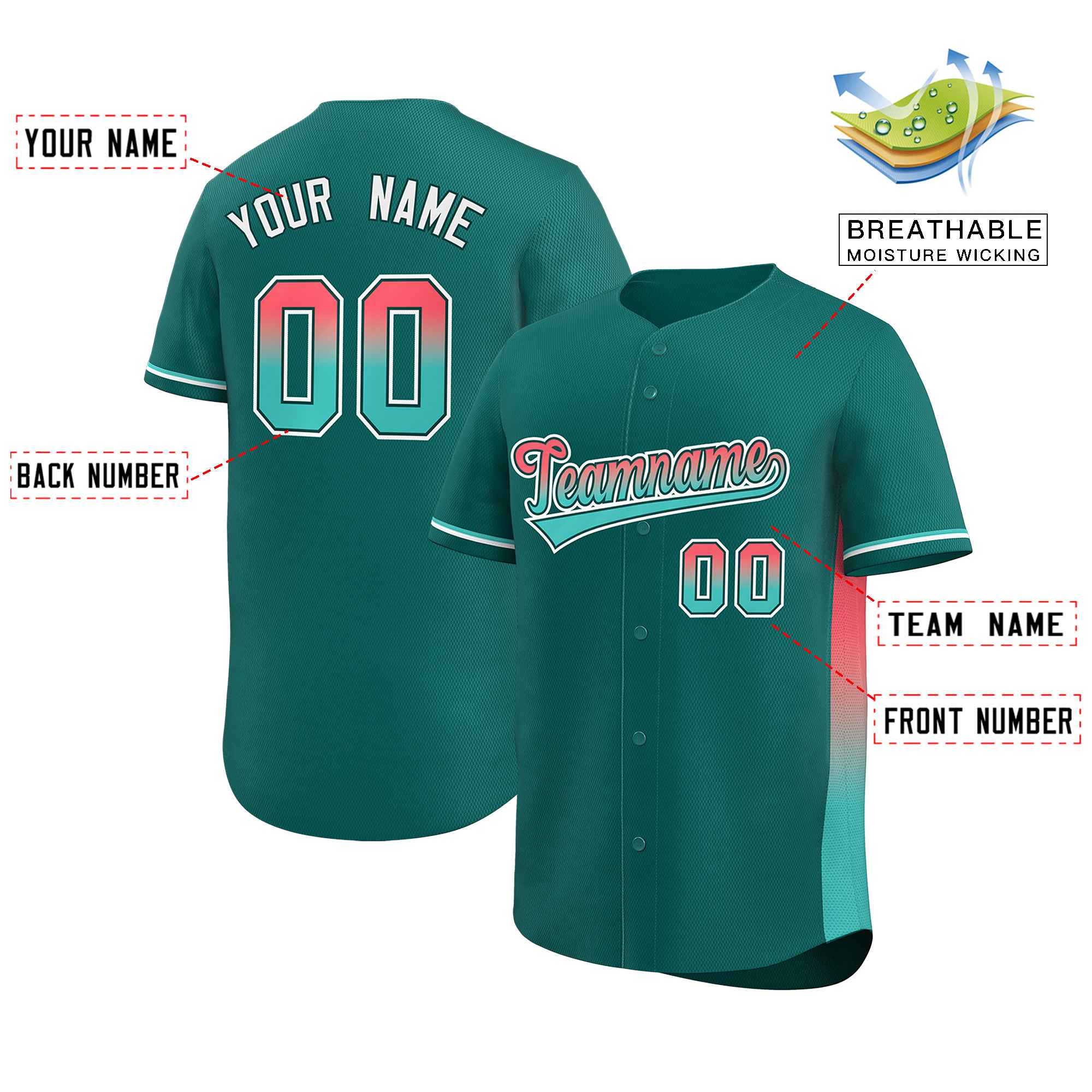 Custom Aqua Lt Red-Aqua Personalized Gradient Font And Side Design Authentic Baseball Jersey