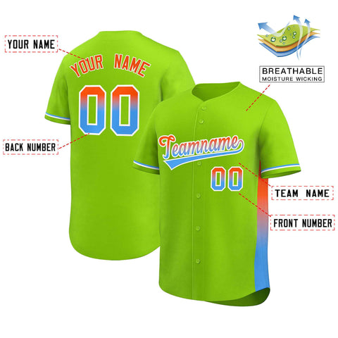 Custom Neon Green Orange-Powder Blue Personalized Gradient Font And Side Design Authentic Baseball Jersey