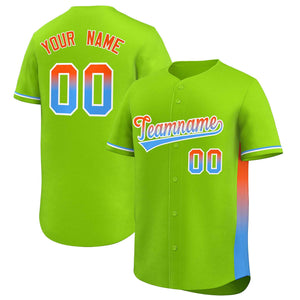 Custom Neon Green Orange-Powder Blue Personalized Gradient Font And Side Design Authentic Baseball Jersey