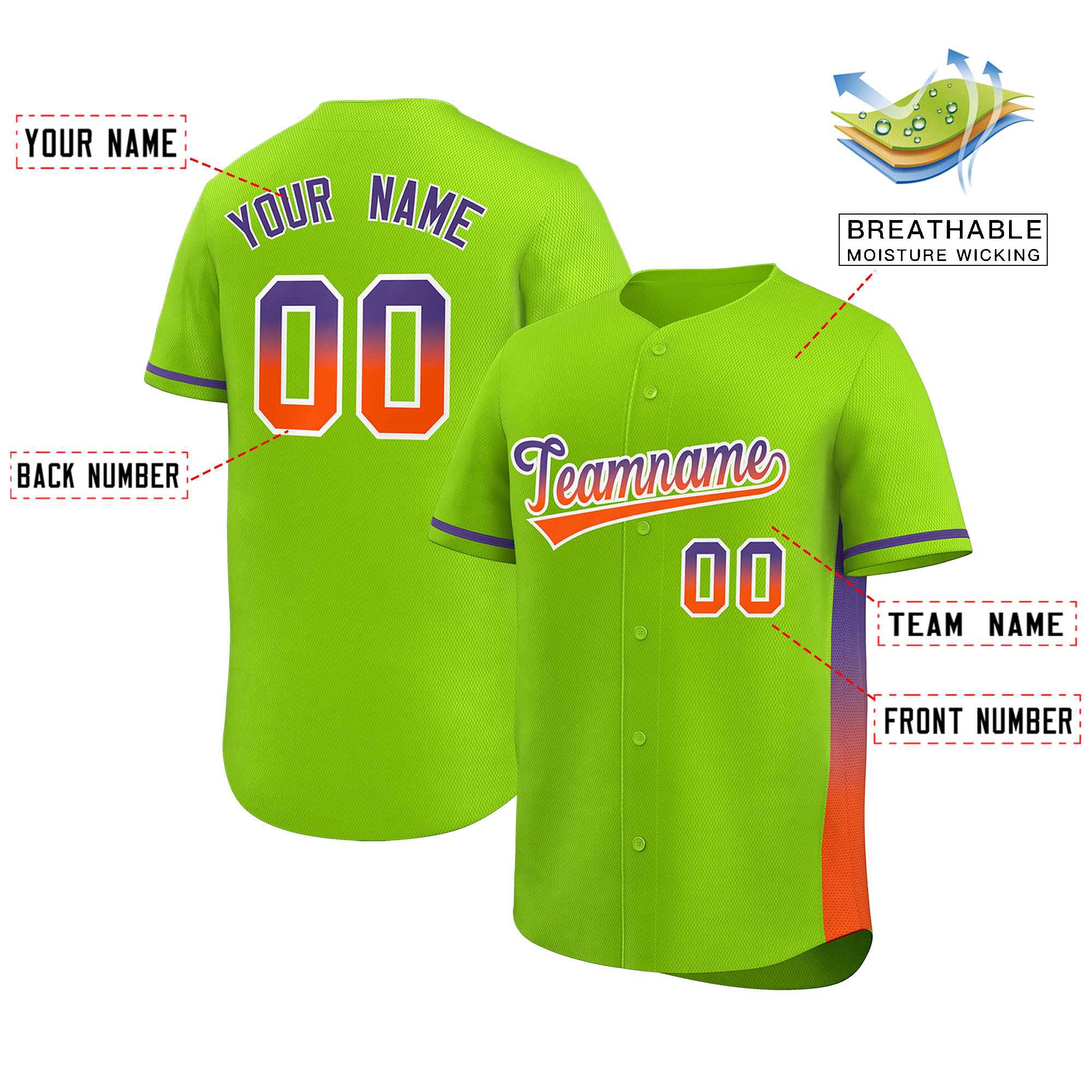 Custom Neon Green Purple-Orange Personalized Gradient Font And Side Design Authentic Baseball Jersey