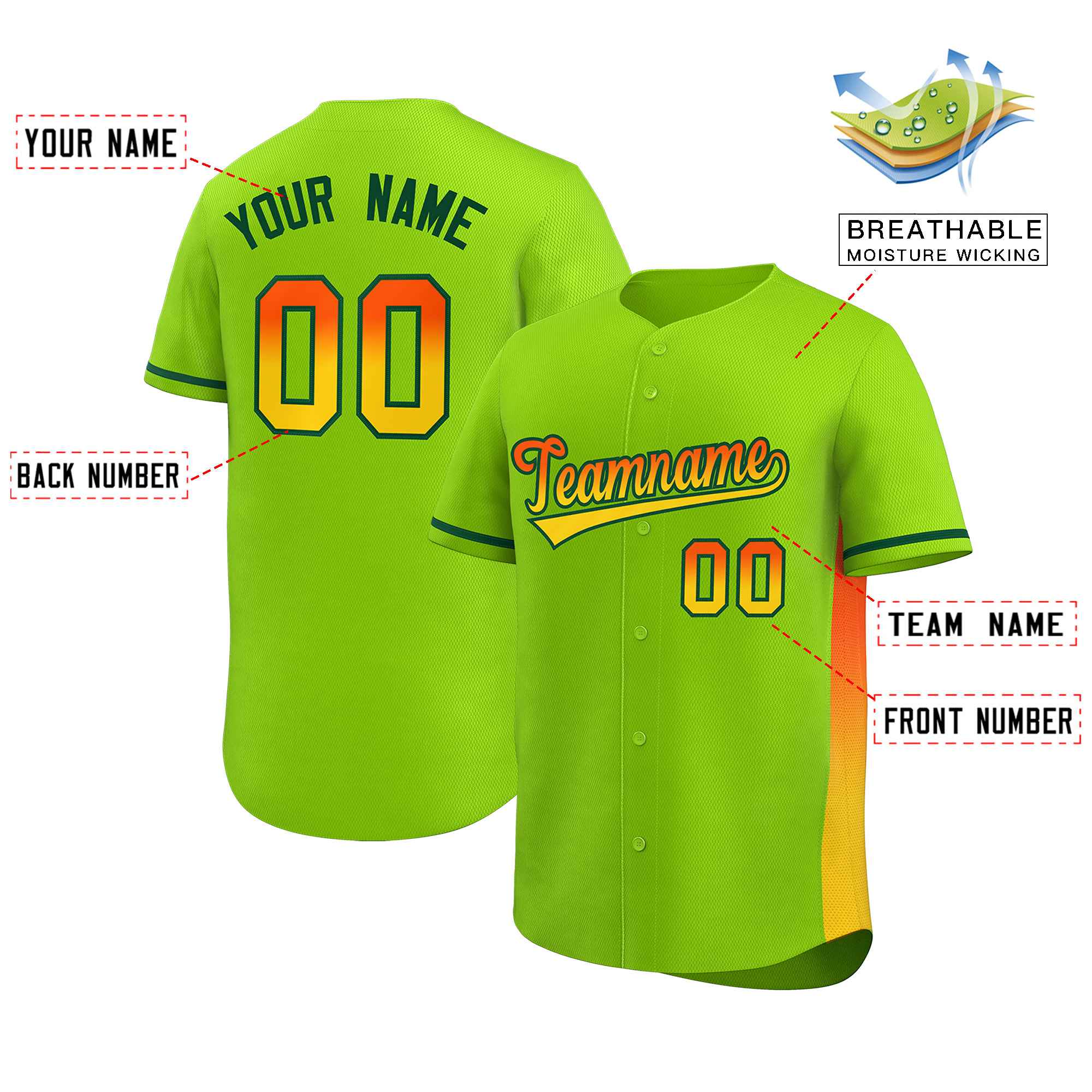 Custom Neon Green Orange-Gold Personalized Gradient Font And Side Design Authentic Baseball Jersey