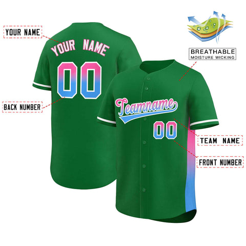 Custom Kelly Green Pink-Powder Blue Personalized Gradient Font And Side Design Authentic Baseball Jersey