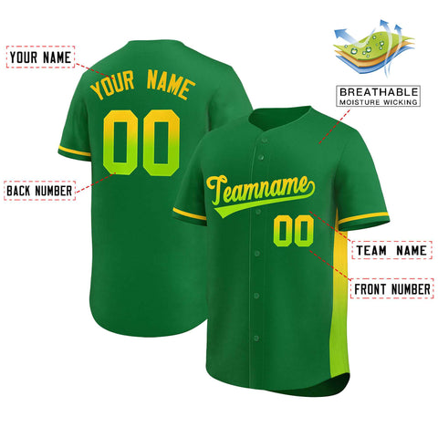 Custom Kelly Green Gold-Neon Green Personalized Gradient Font And Side Design Authentic Baseball Jersey