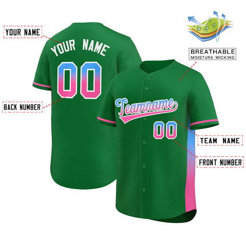 Custom Kelly Green Powder Blue-Pink Personalized Gradient Font And Side Design Authentic Baseball Jersey