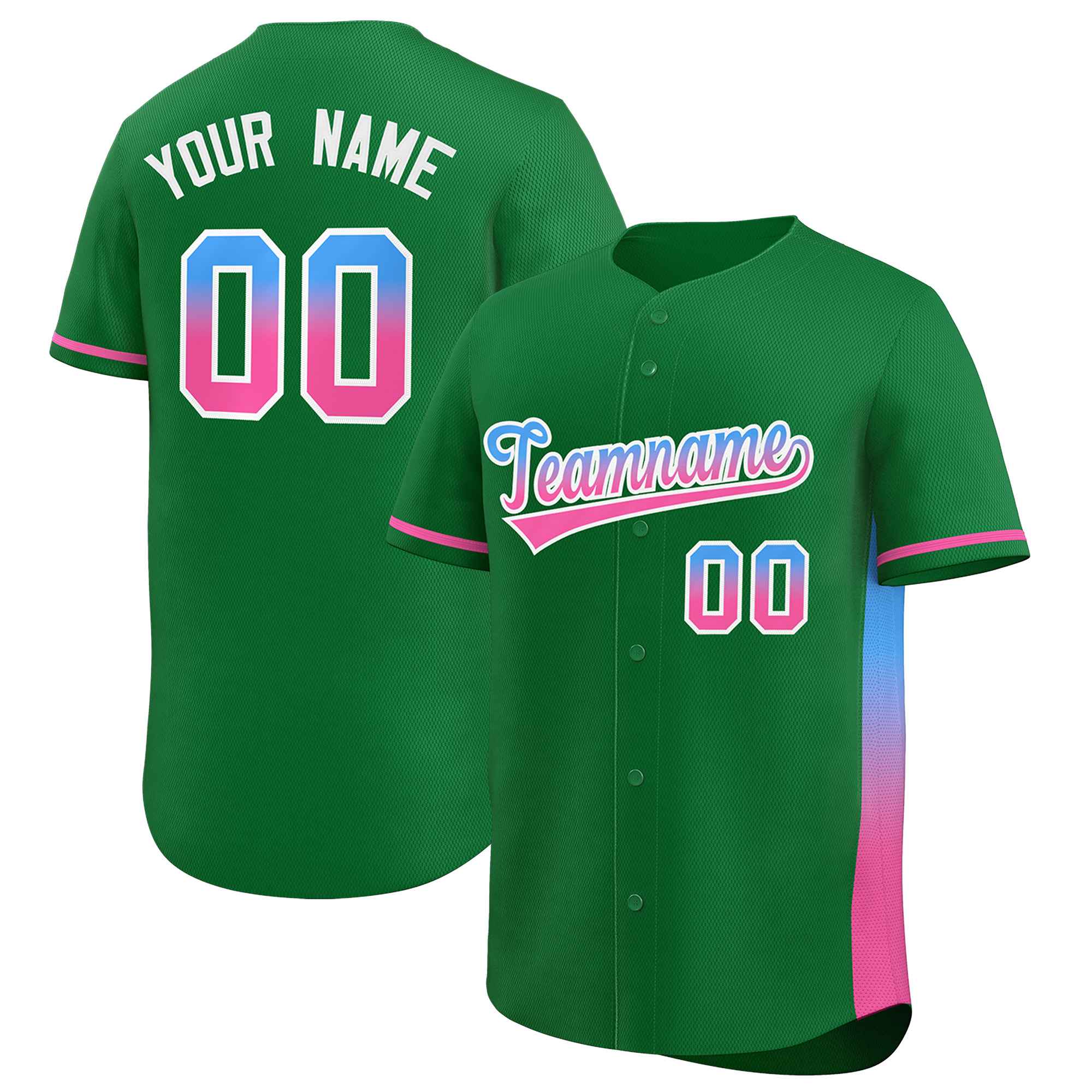 Custom Kelly Green Powder Blue-Pink Personalized Gradient Font And Side Design Authentic Baseball Jersey