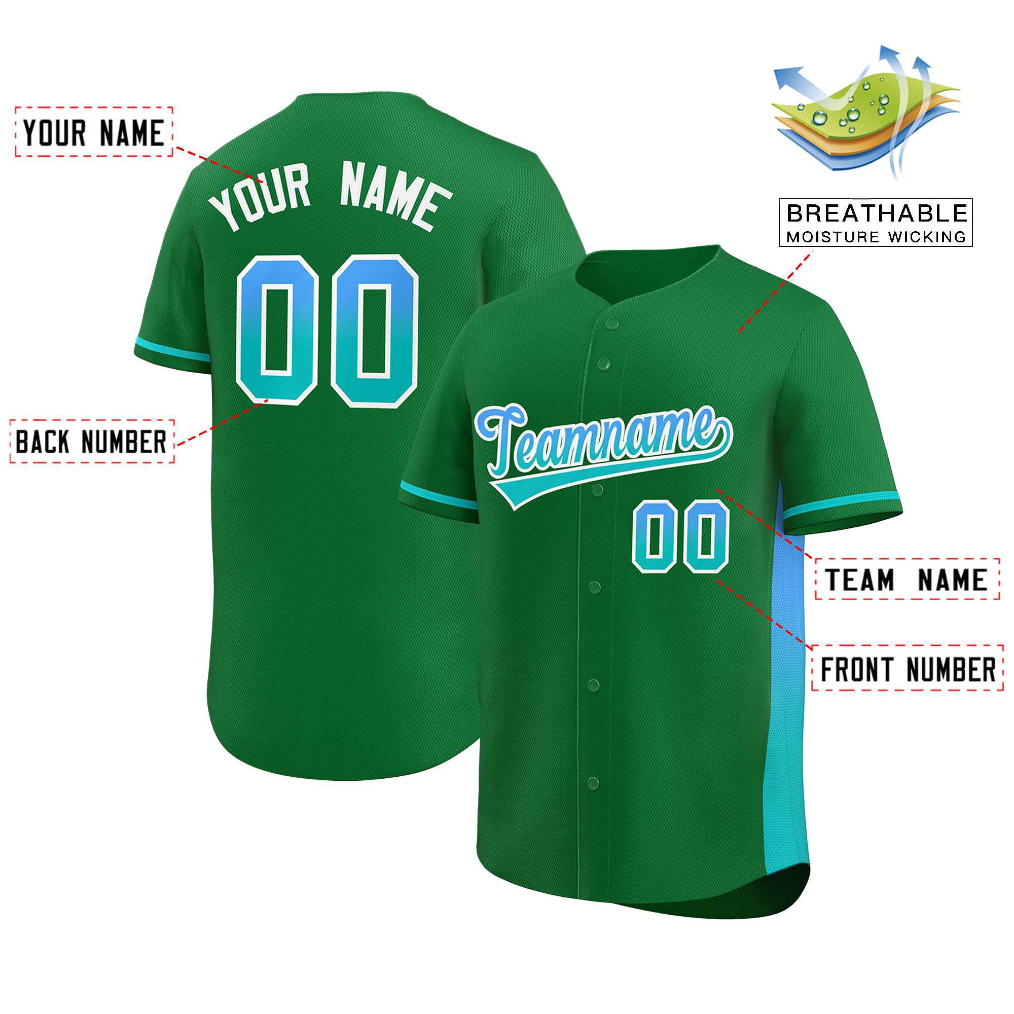 Custom Kelly Green Powder Blue-Aqua Personalized Gradient Font And Side Design Authentic Baseball Jersey