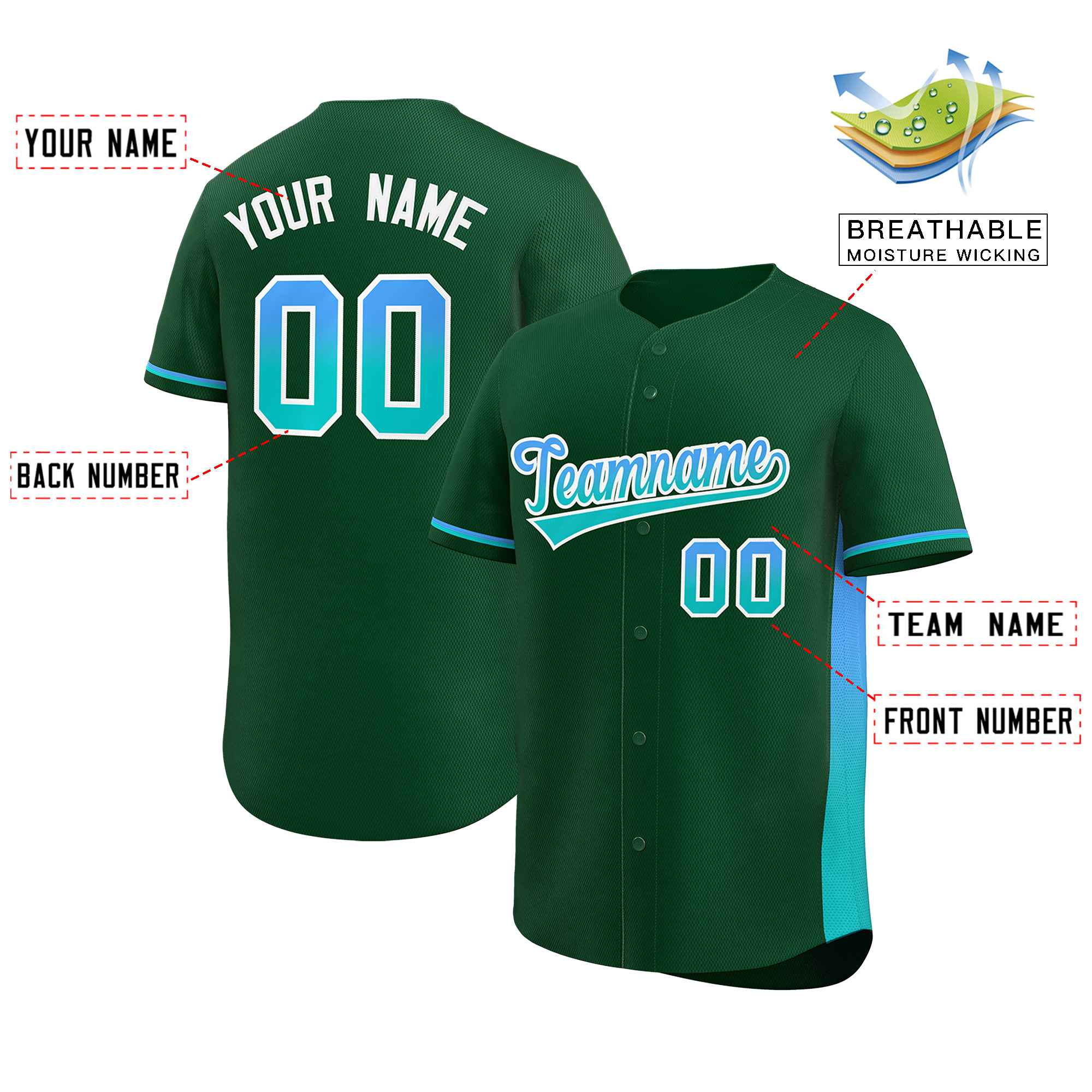 Custom Green Powder Blue-Aqua Personalized Gradient Font And Side Design Authentic Baseball Jersey