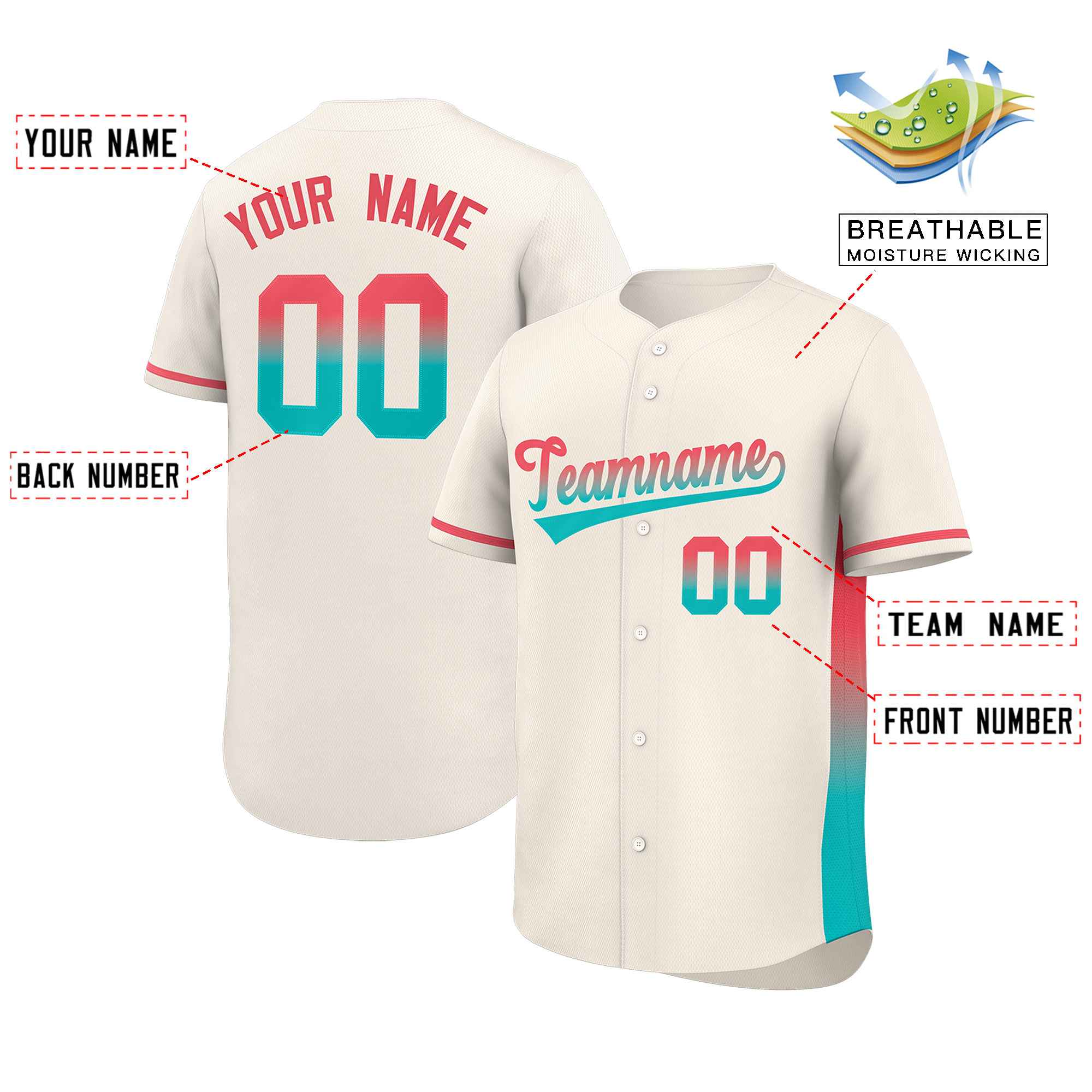 Custom Cream Lt Red-Aqua Personalized Gradient Font And Side Design Authentic Baseball Jersey