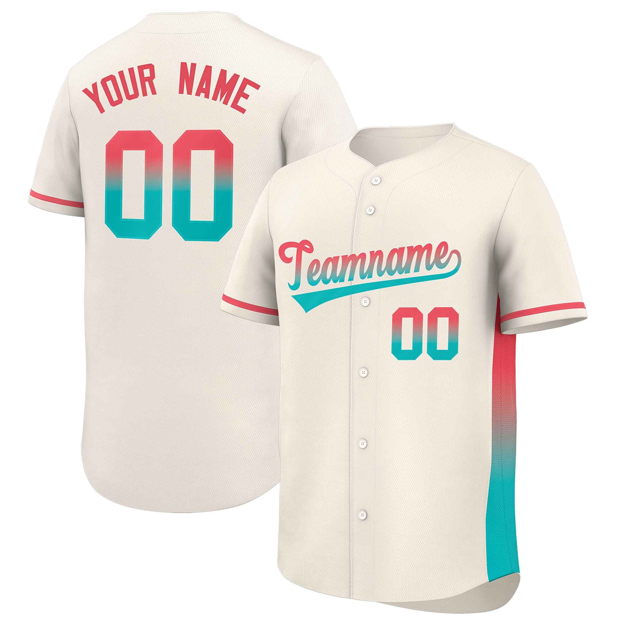 Custom Cream Lt Red-Aqua Personalized Gradient Font And Side Design Authentic Baseball Jersey