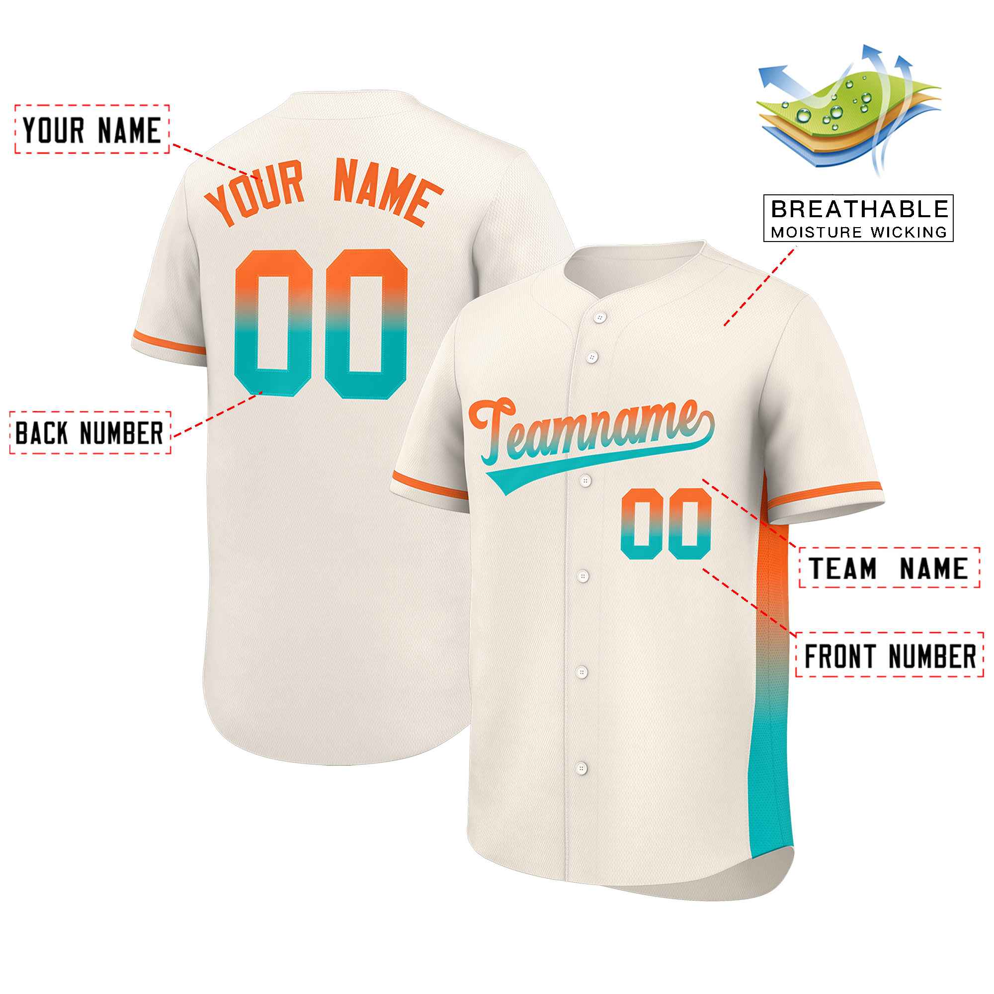 Custom Cream Orange-Aqua Personalized Gradient Font And Side Design Authentic Baseball Jersey