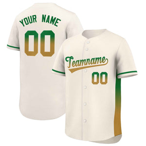 Custom Cream Kelly Green-Old Gold Personalized Gradient Font And Side Design Authentic Baseball Jersey