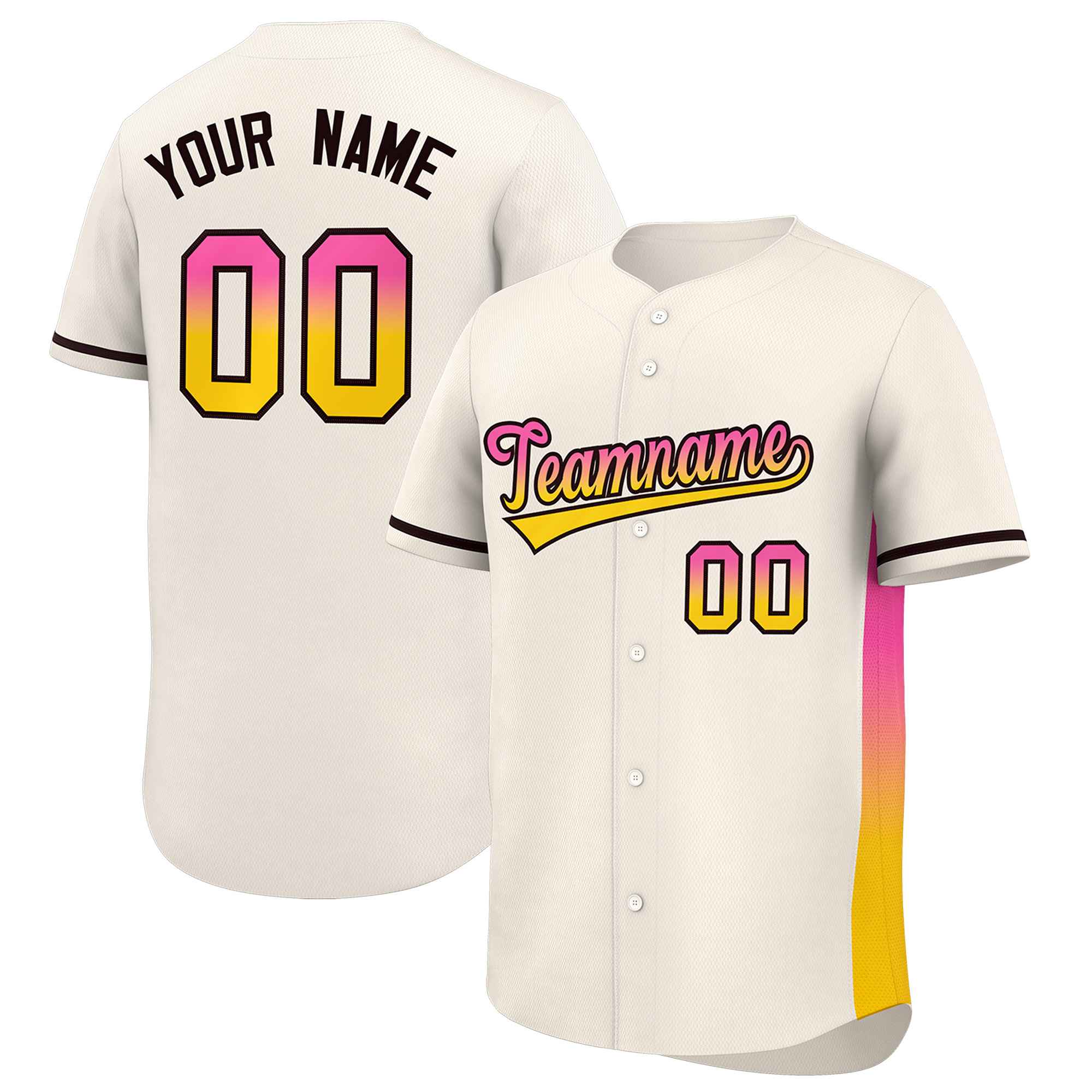 Custom Cream Pink-Gold Personalized Gradient Font And Side Design Authentic Baseball Jersey