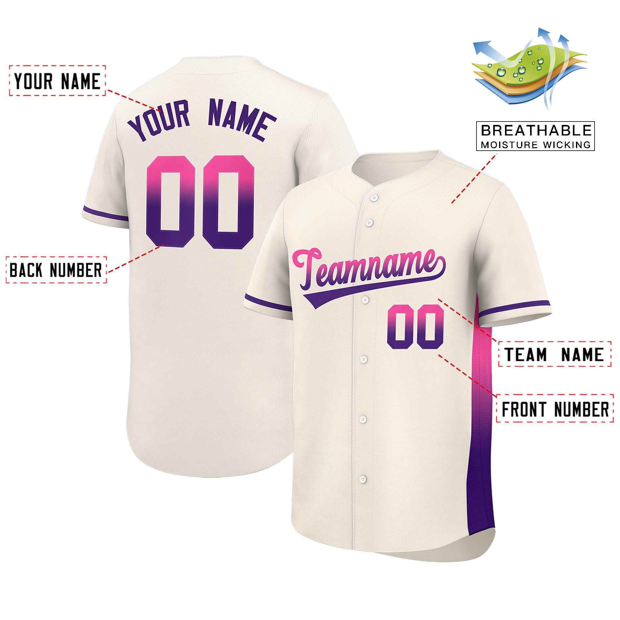 Custom Cream Pink-Purple Personalized Gradient Font And Side Design Authentic Baseball Jersey