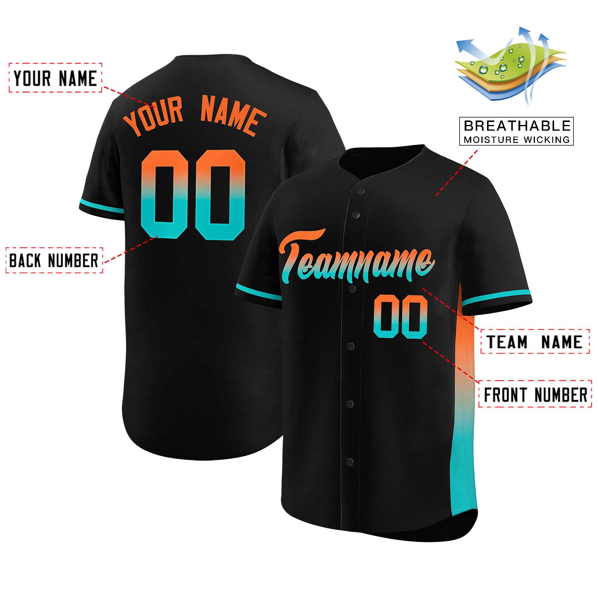 Custom Black Orange-Aqua Personalized Gradient Font And Side Design Authentic Baseball Jersey